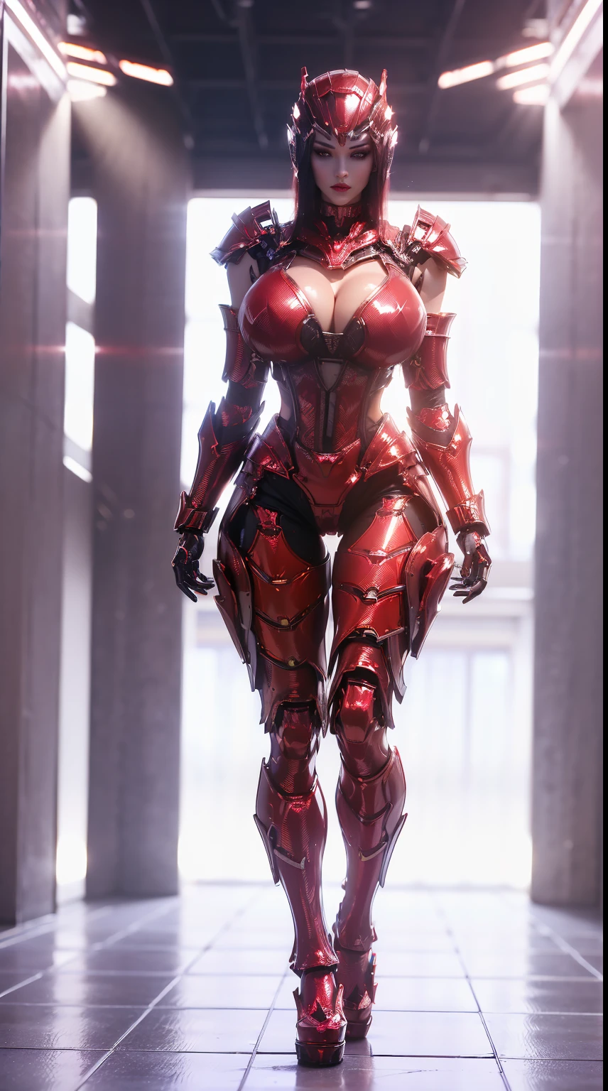 Tyran_Thai Lan, (1GIRL, ALONE, SOLO), (super detailed face), (half face mecha helm:1), (BIG BUTTOCKS, HUGE FAKE BREAST:1.3), (CLEAVAGE:1.5), (MUSCLE ABS:1.3), (MECHA GUARD ARMS, DIAMOND CORE IN CHEST ARMOR:1.3), (RED SHINY FUTURISTIC MECHA ARMORED, MECHA SKINTIGHT SUIT PANTS, MECHA GUARD ARMOR LEGS, HIGH HEELS:1.5), (MUSCULAR FEMALE BODY, GLOWING SKIN, SEXY LONG LEGS:1.1), (LOOKING AT VIEWER:1.3), (female focus:0.886), (WALKING DOWN HALLWAY OF FUTURISTIC SPACE STATION:1), (BRIGHT LIGHT WHITE_ROOM:1.3), HYPER TEXTURE, UNREAL ENGINE RENDER, PHYSICALLY-BASED RENDERING, ULTRA HIGHT DEFINITION, 16K, 1080P.