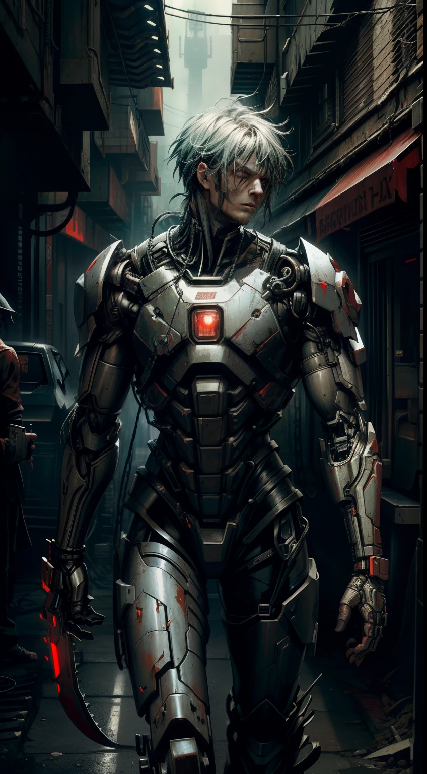 Dark_Fantasy,Cyberpunk,(chain saw,chain saw man,Red:1.1),1man,Mechanical marvel,Robotic presence,Cybernetic guardian, wearing a worn-out mech suit, intricate, (steel metal [rusty]), elegant, clear focus, shot by greg rutkowski, soft lighting, vibrant colors, masterpiece, ((street)), cowboy shot, dynamic pose,
