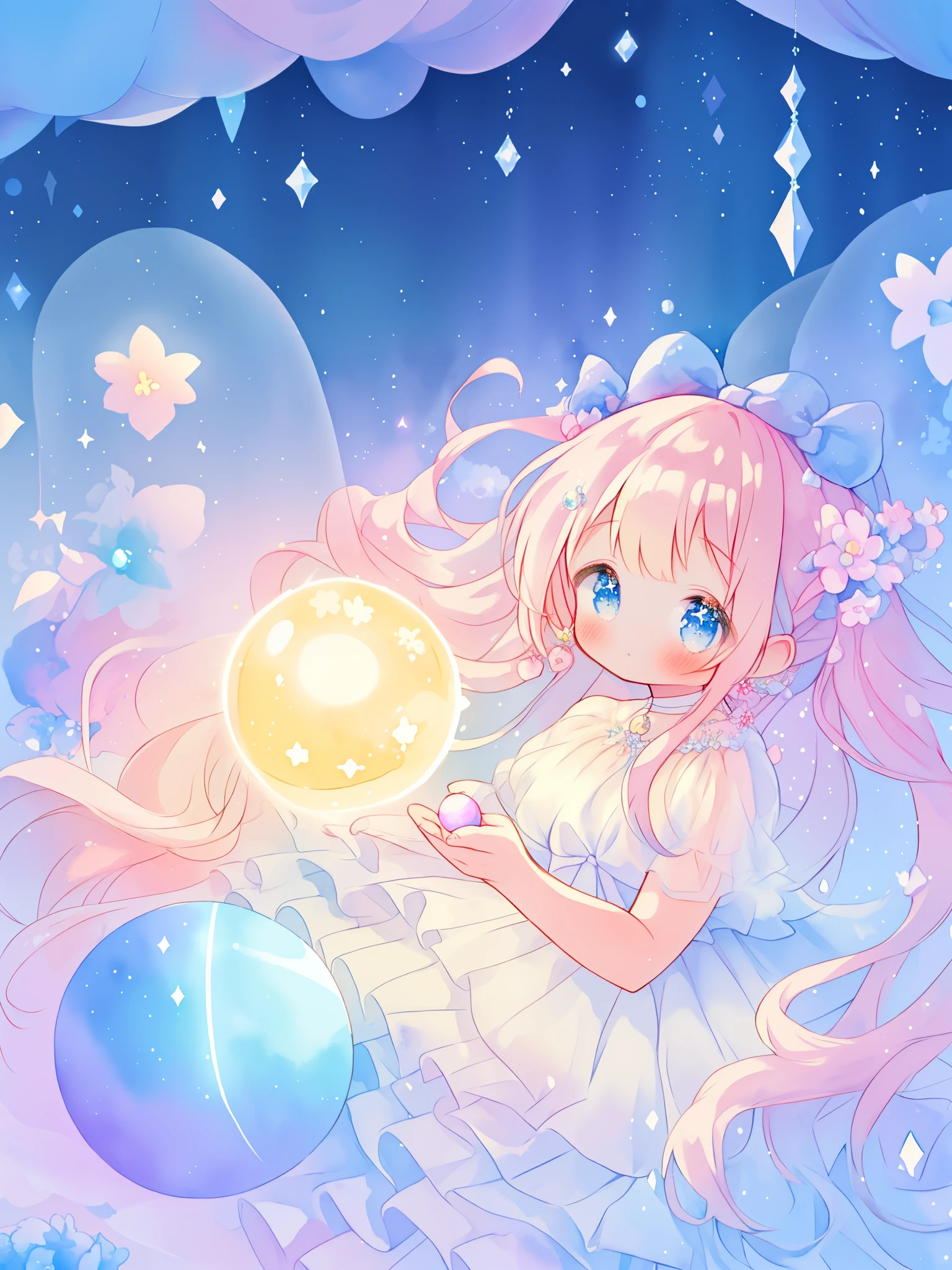 beautiful girl in sparkling white dress holding a magical sphere, ((sparkling puffy layered ballgown)), (magical, whimsical), (glowing magical orb), long flowing colorful hair, colorful fantasia background, watercolor illustration, disney art style, glowing aura around her, glowing lights, beautiful digital illustration, fantasia otherworldly landscape plants flowers, beautiful, masterpiece, best quality, anime disney style