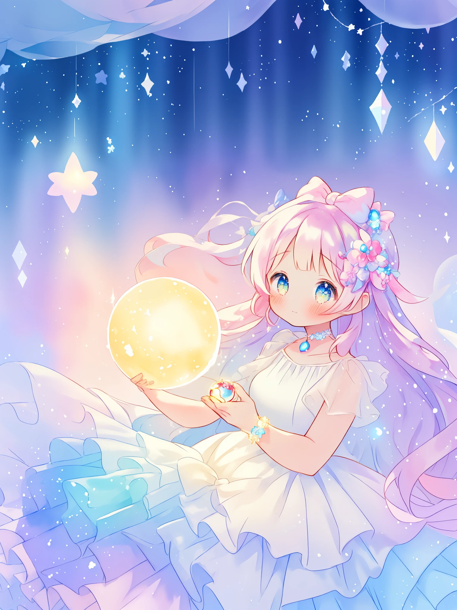 beautiful girl in sparkling white dress holding a magical sphere, ((sparkling puffy layered ballgown)), (magical, whimsical), (glowing magical orb), long flowing colorful hair, colorful fantasia background, watercolor illustration, disney art style, glowing aura around her, glowing lights, beautiful digital illustration, fantasia otherworldly landscape plants flowers, beautiful, masterpiece, best quality, anime disney style
