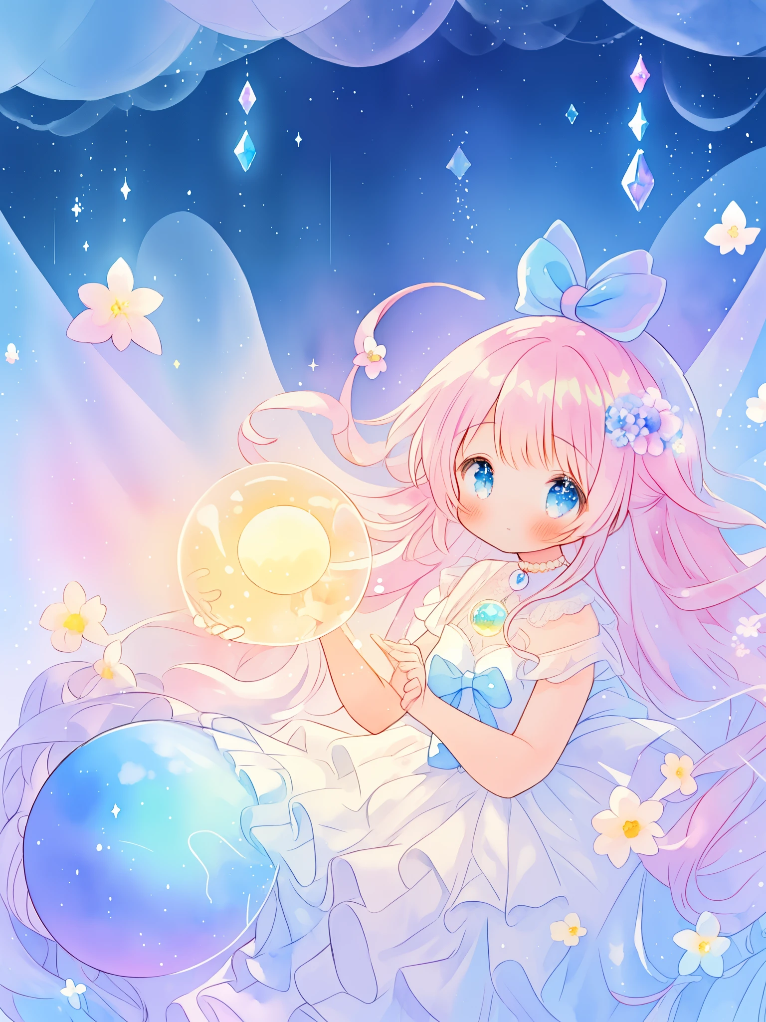 beautiful girl in sparkling white dress holding a magical sphere, ((sparkling puffy layered ballgown)), (magical, whimsical), (glowing magical orb), long flowing colorful hair, colorful fantasia background, watercolor illustration, disney art style, glowing aura around her, glowing lights, beautiful digital illustration, fantasia otherworldly landscape plants flowers, beautiful, masterpiece, best quality, anime disney style