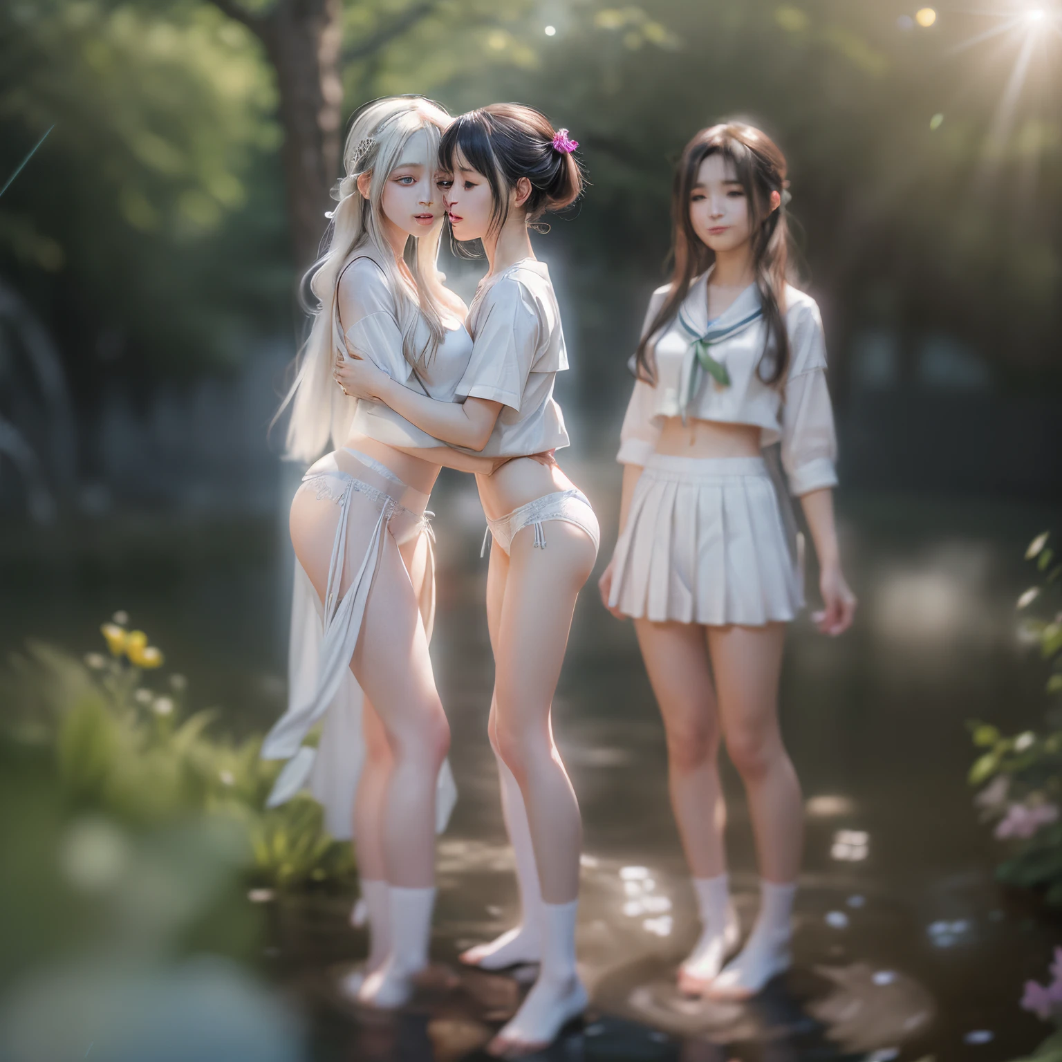 ((SFW、david hamilton:1.37, White and bright colors))、(Tiny tz Twins:1.37)、{(dynamic ungle)|(From Side)|(from the rear)|(From below:1.2)}、{(((Kiss face to face)))|(standing full body:1.2)|Wide Shot}、{(Floating hair:1.2)|(strong breeze)|(ass forcus)}、zydG、8K Best Quality、((masutepiece:1.2、Photorealsitic:1.47)), ( Kodachrome | Realistic | Photorealistic | raw )、((Detailed cute face、Detailed oily porcelain skin texture、Extremely detailed))、(Brilliant Shining Perfect Eyes)、smooth shading、{Zoom Layer|clear focus}、Soft lighting with many follow lights、{childish|gigantic cleavage:1.37}、((White small panties uniform:1.37))、{Flowers|wreath|ssmile|Perplexed|seductiv|Different types of hair colors}、{(light Particle:1.2)|(Lens Flare)|(Luminescent particles:0.6)}、{Forest Lakeside|Lakeside Cottage|Before dawn|Magic Hour|morning glow|Foggy}、((The proportions of the whole body and all limbs are anatomically accurate, No extra limbs)) .