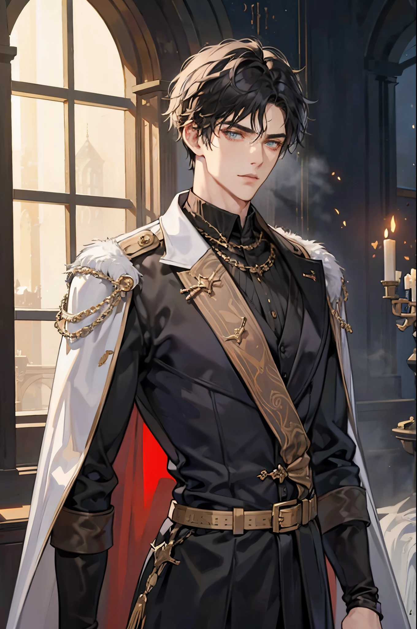 1 male, short messy black hair, handsome, detailed eyes, tall and lean body, condescending, arrogant, royalty, tyrannical ruler, medieval fantasy