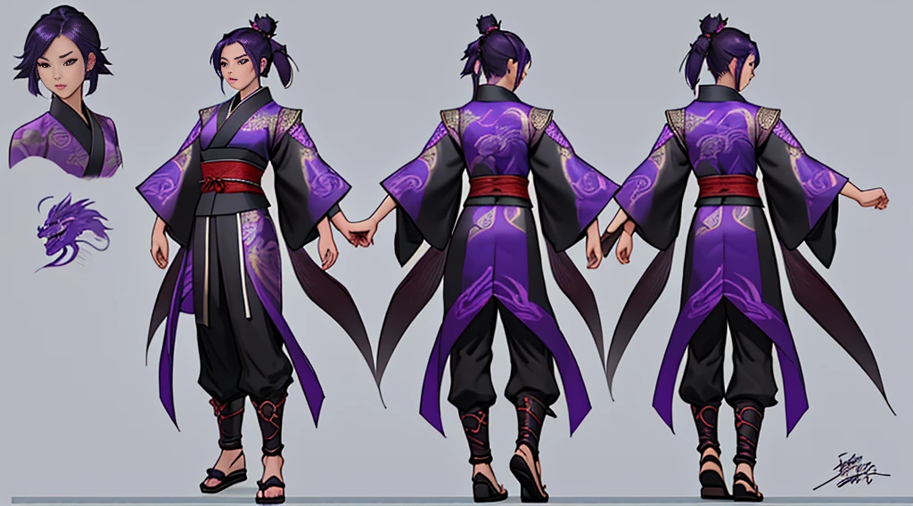 Sexy Asian warrior girl. Wearing kimono . Black and purple hair. Dragon armor motif. I'm the style of mortal Kombat. Concept art using wing chun martial arts. Show full body front and back.. show details. .daughter of the dragon