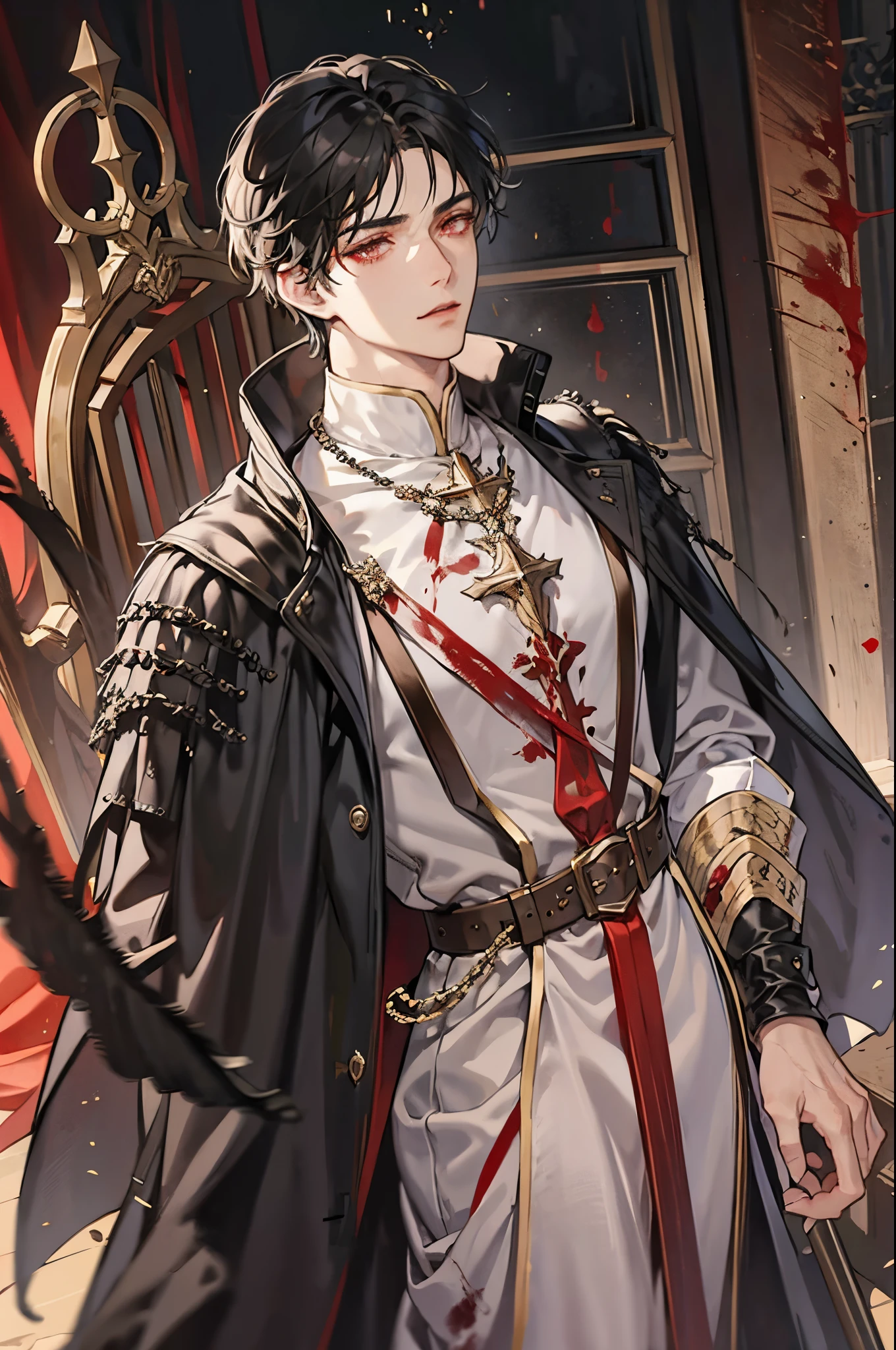 1 male, short messy black hair with bangs, handsome, blood red eyes, detailed eyes, tall and lean body, condescending, arrogant, royalty, tyrannical ruler, wearing black, medieval fantasy, dark souls, throne