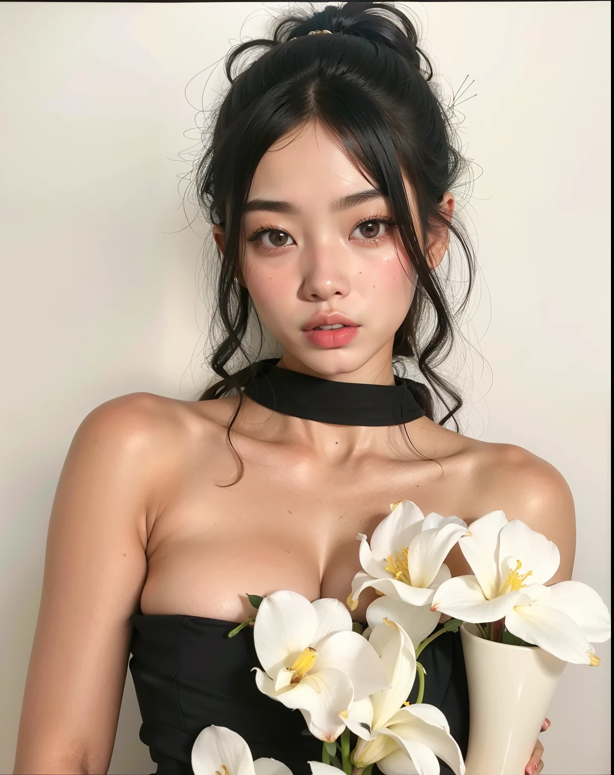There's a woman holding a vase with flowers in it, jennie blackpink, com flores, TaeJune Kim, Retrato de Jossi de Blackpink, Retrato Sophie Mudd, Poarch bonito, her face looks like an orchid, gorgeous chinese model, a young asian woman, Beautiful Asian girl, Gongbi, Lulu Chen, linda mulher coreana jovem, Kiyoko Suzuki
