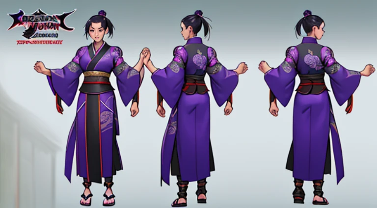 Sexy Asian warrior girl. Wearing kimono . Black and purple hair. Dragon armor motif. I'm the style of mortal Kombat. Concept art using wing chun martial arts. Show full body front and back.. show details. .