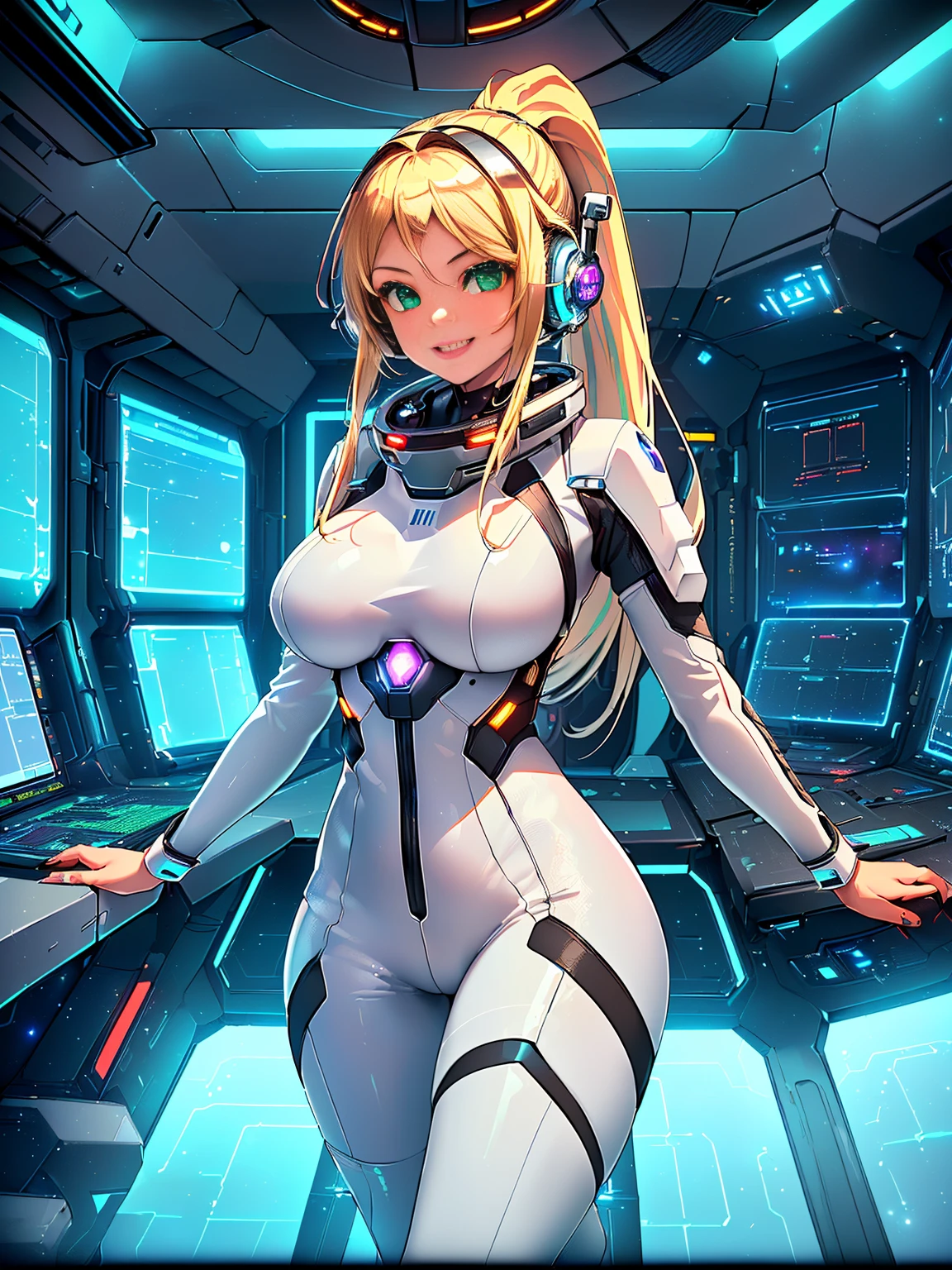 girl, white bodysuit, blonde, blue eyes, Hyper Realistic