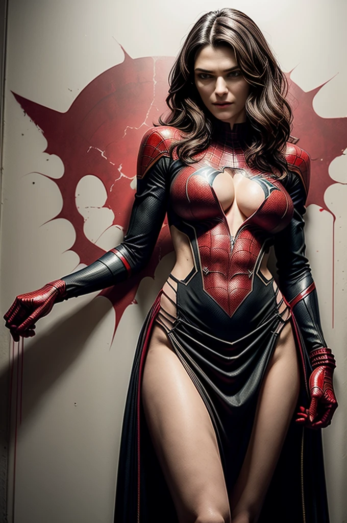 Rachel Weisz、Sticking out the navel、newyork、She wears a torn Spider-Man suit,wearing skirt、 Red and black color scheme,Dynamic、​masterpiece、top-quality、ultra-detailliert、ighly detailed、beautiful detailed brilliance、超A high resolution