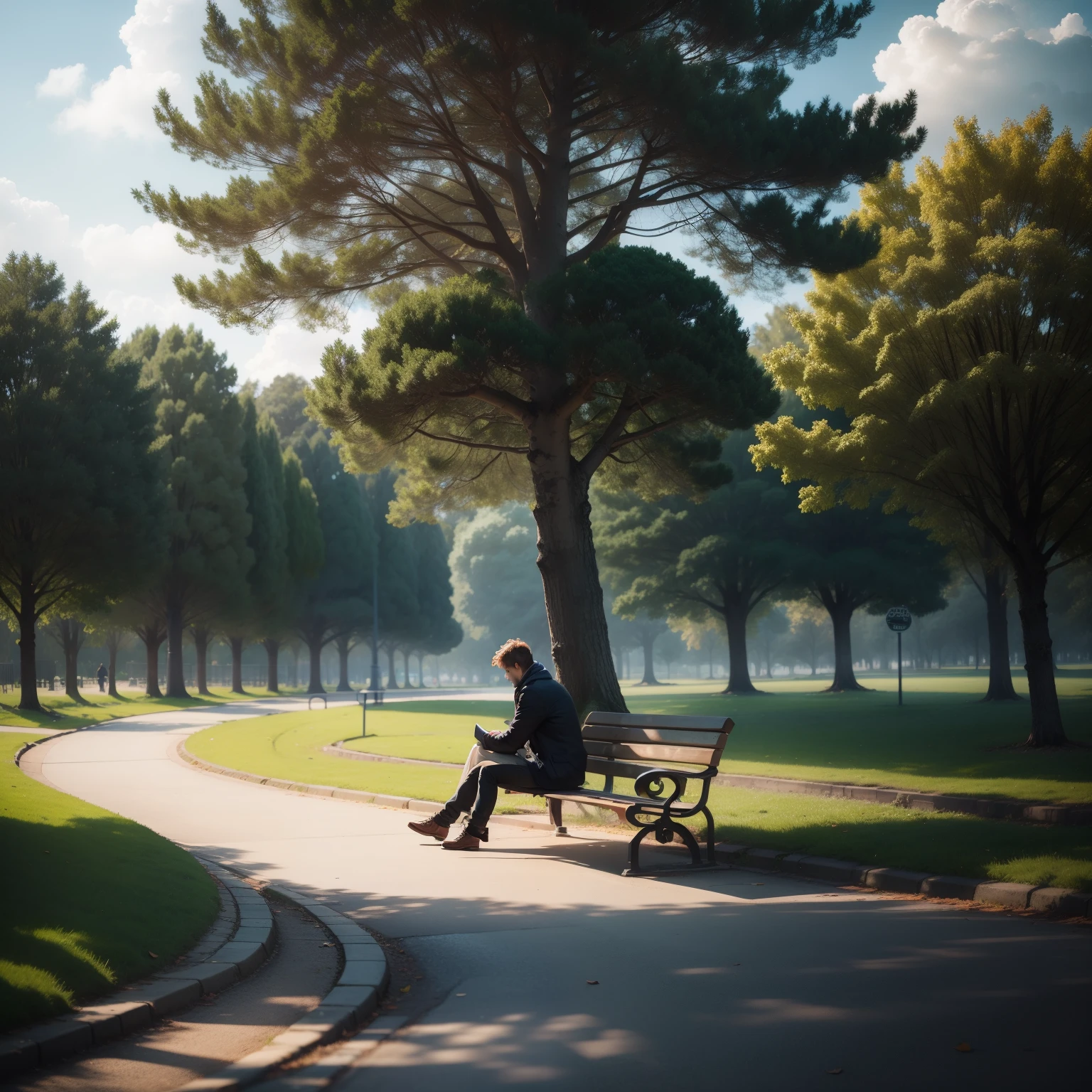 Create an image of a sad person sitting on a bench in a park with trees, On a cloudy day when I look away