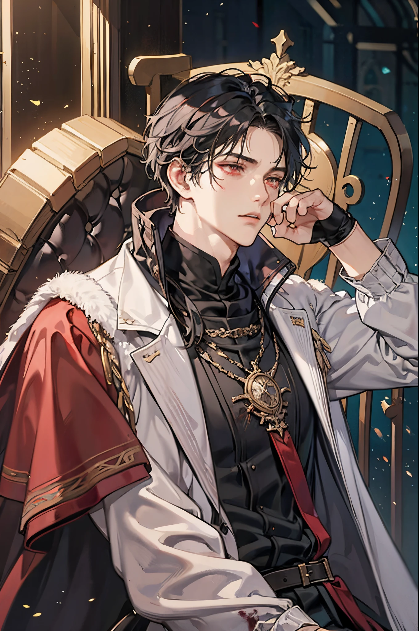 1 male, short messy black hair with bangs, handsome, blood red eyes, detailed eyes, tall and lean body, condescending, arrogant, royalty, tyrannical ruler, wearing black, medieval fantasy, dark souls, throne