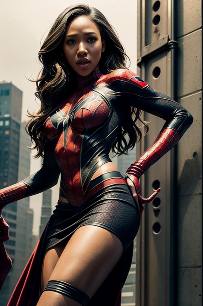 Daniel Panabaker、Sticking out the navel、newyork、She wears a torn Spider-Man suit,wearing skirt、 Red and black color scheme,Dynamic、masterpiece、top-quality、ultra-detailliert、ighly detailed、beautiful detailed brilliance、超A high resolution