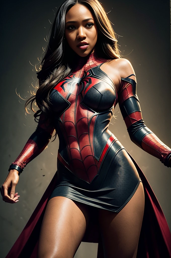 Candice Patton、Sticking out the navel、newyork、She wears a torn Spider-Man suit,wearing skirt、 Red and black color scheme,Dynamic、masterpiece、top-quality、ultra-detailliert、ighly detailed、beautiful detailed brilliance、超A high resolution