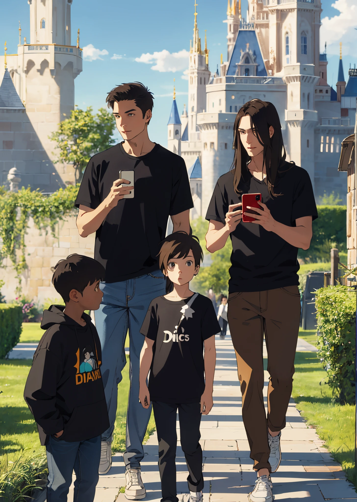 I want a character with straight hair and his hair is straight hair and he has brown skin and he is holding an iPhone 14 for Max and he is wearing a black shirt and light brown pants and that elek is the size of and that elek is in front of the Disney castle