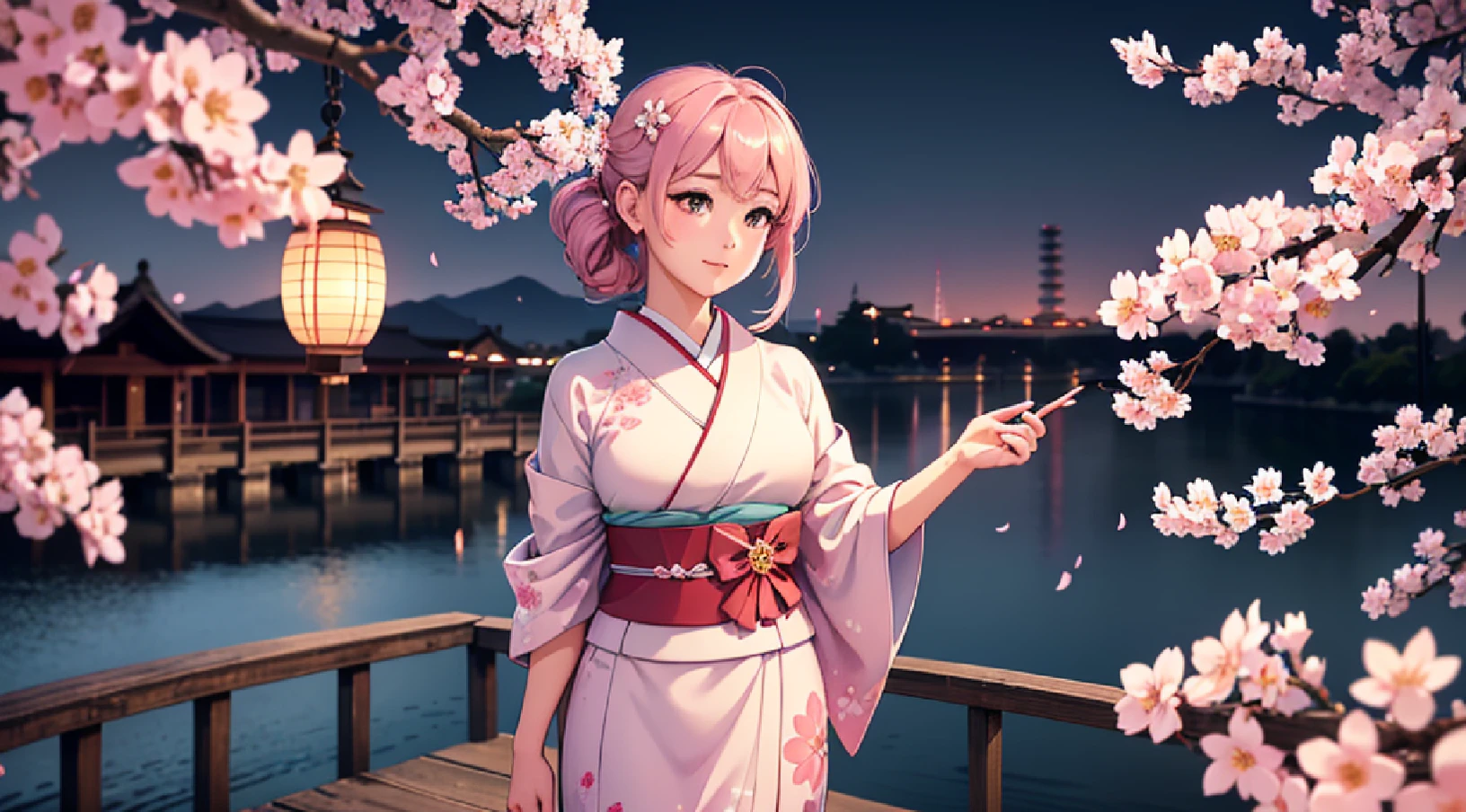 (best quality,4k,8k,highres,masterpiece:1.2),ultra-detailed,(realistic,photorealistic,photo-realistic:1.37),beautiful anime girl,tokio,falling sakura flowers,night scene,colorful,soft focus,ethereal lighting,anime style,serene,peaceful,reflection on the water,her hair flowing in the wind,detailed eyes,sparkling in the moonlight,long eyelashes,sakura petals gently landing on her cheeks,traditional Japanese clothing,kimono with intricate patterns,mystical atmosphere,tranquil expression,subtle smile,soft pastel colors,graceful pose,standing on a bridge,city skyline in the background,lanterns lighting up the surroundings,petals floating in the breeze,strong contrast between light and shadow,delicate brush strokes,painting-like texture,romantic ambiance,calm water surface,tranquility captured in every detail,silhouette of cherry blossom trees,touch of nostalgia,ethereal beauty,celebration of Japanese culture,sakura season in full bloom,pure and innocent,harmony between nature and urban landscape.