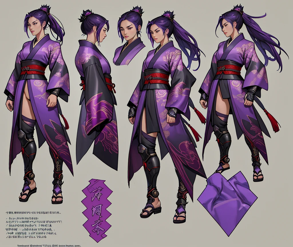 Sexy Asian warrior girl. Wearing kimono . Black and purple hair. Dragon armor motif. I'm the style of mortal Kombat. Concept art using wing chun martial arts. Show full body front and back.. show details. .