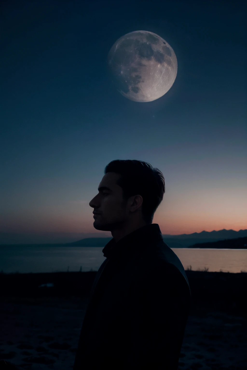 portrait of a man in silhouette profile,(best quality,4k resolution,high contrast),large blue moon,night sky,starlight,soft shadows,mysterious atmosphere,surreal scenery,dreamlike colors,serene expression,detailed facial features,majestic presence,subtle highlights,ethereal beauty,artistic composition