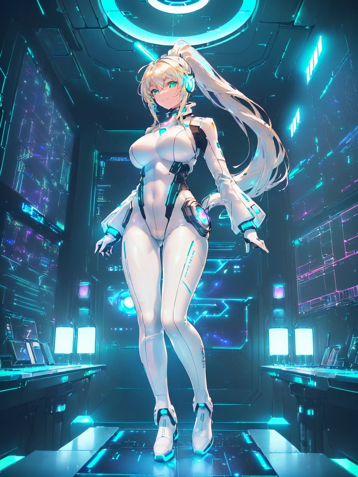 masterpiece:1.4, 1girl in ((20yr old, Dressed in a tight futuristic bodysuit in white and silver, long boots, huge-breasted, Multicolored blonde hair, twin ponytail, Perfect model body, Green eyes:1.4, Wearing headphones, Flirting, Happy, Big smile, Looking out the window of the futuristic sci-fi space station、While admiring the beautiful galaxy:1.2, SFSF control room on night background:1.1, Neon and energetic atmosphere:1.2)) ((Galaxy)) ((Solo:1.6))