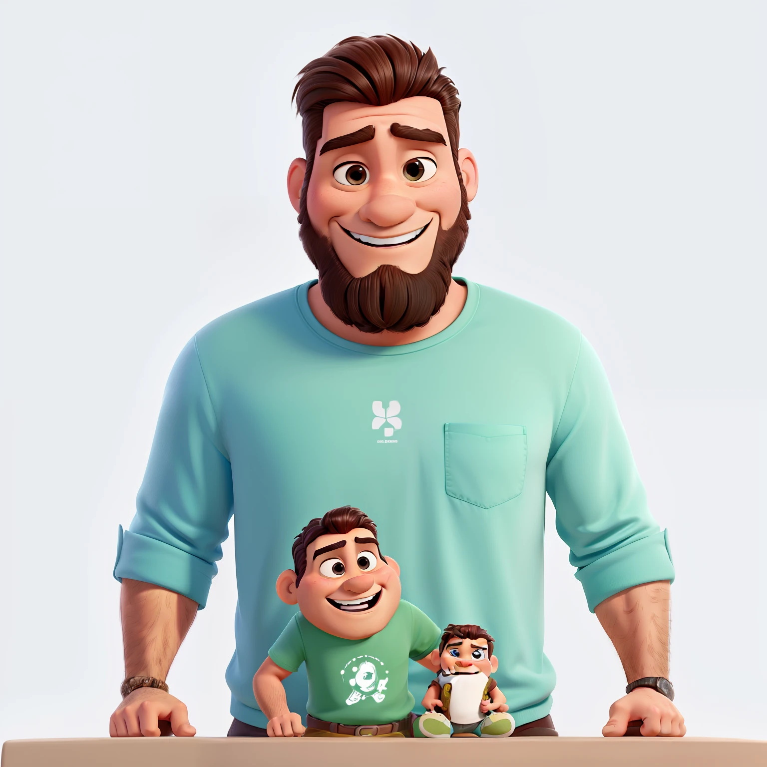 Estilo pixar disney desenho animado, Homem magro, cabelos e barba cor preto, sorrindo dentes afastados, usando camiseta na cor verde.