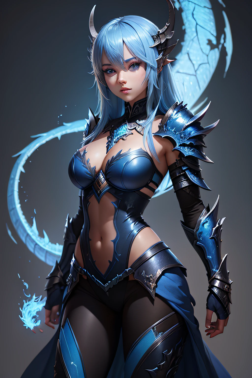 blue hair beautiful blue dragon girl with sky blue eyes, blue scale armor, skin of scales, dragon scales on skin, Au'ra, ffxiv, black leggings