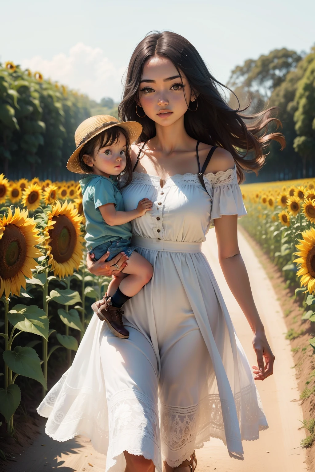 Raise a woman and child walking in a sunflower field, elas devem estar vestidas de branco