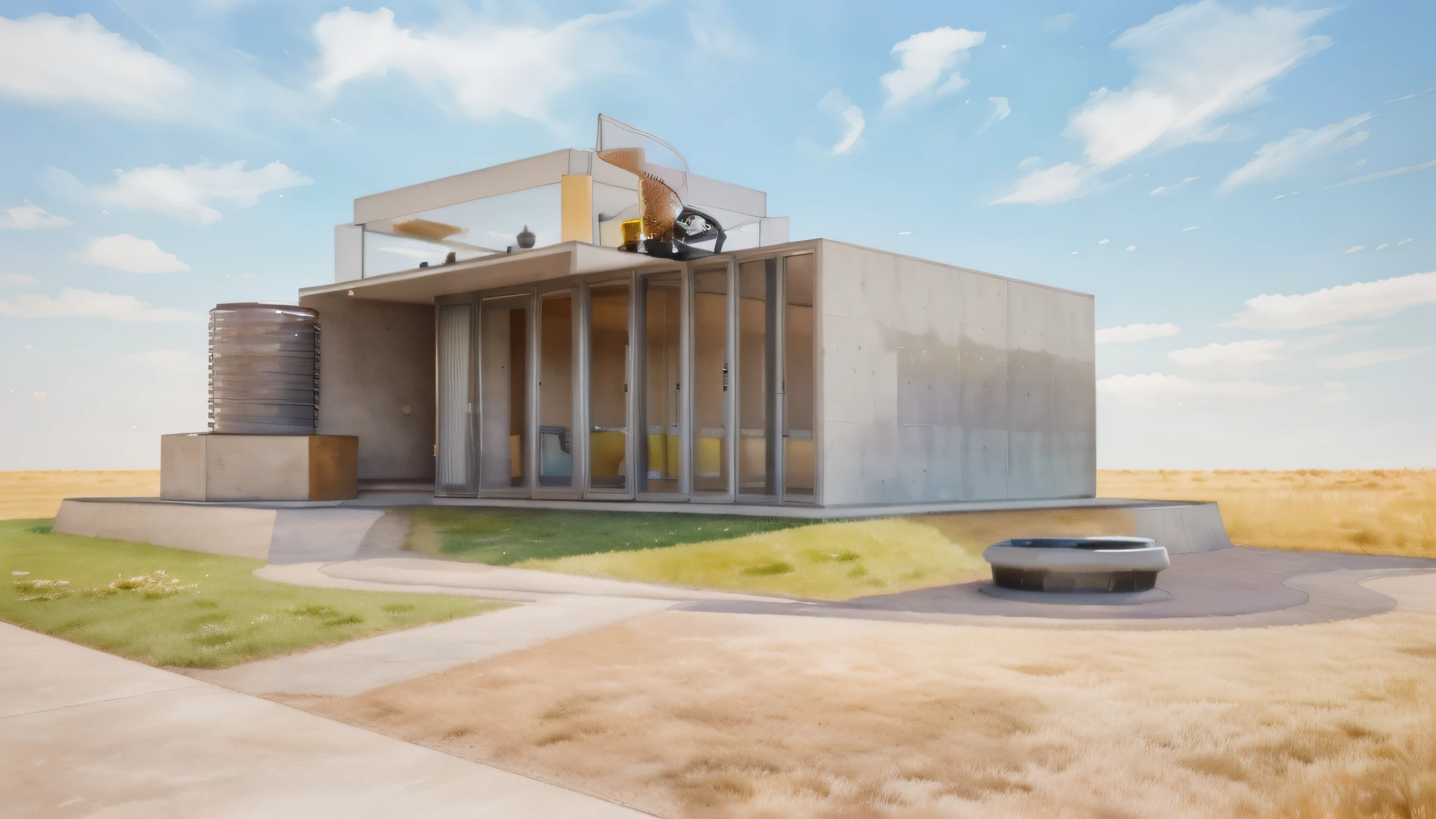a rendering of a plaza in front of one office building,
stone pathway to building and from right to left,
one steel sculpture on the left and one steel sculpture on the right,
hilly grass between building and plaza,
((nice grass lawn)),
beautiful sky,
daylight, bright daylight,
two-point perspective, human perspective,
realistic, masterpiece, ultra-detailed, 4K, photographic rendering, commercial
rendering,
ControlNet Example