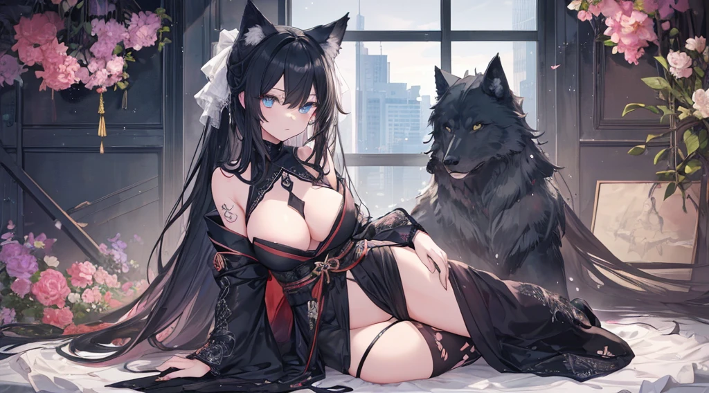 (extremely detailed CG unity 8k wallpaper), (((ultra-detailed))), ((extremely detailed)), (((best illustration))), best illumination, ((extremely delicate and beautiful)), ((an extremely strong and beautiful girl)), colorful, modern, tokyo city, (((colorful flowers))), ((1 girl, solo)), {{finely detailed beautiful eyes and detailed face}}, {{{{{smug}}}}}, smug, {{{long ponytail}}}, shiny hair, (((black hair with white shades))), {{{{blue eyes(glowing)}}}, beautiful detailed eyes, mature female, slender, medium breast, black wolf ears, (black wolf tail), (((intricate details))), (Black green turtleneck sexy kimono dress), short black boots, ((wolf tattoo)), sitting, wolf spirit, bishoujo, 19_years_old