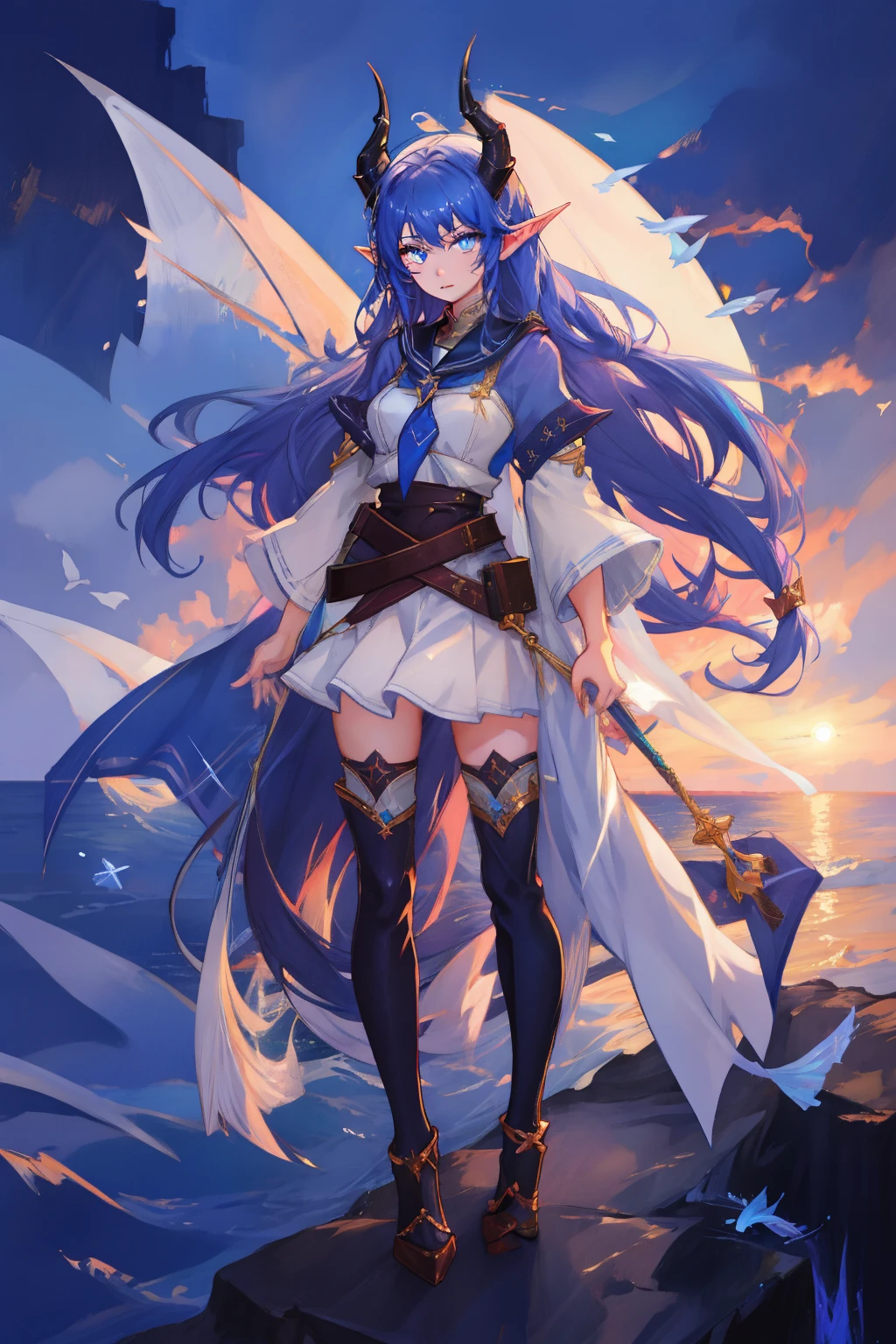 (best quality,masterpiece:1.2),tiefling,1girl,dark blue hair,long hair,blue eyes,light colored skin,horns,pointy ears,sailor outfit,belt,glowing eyes,standing on a dock,lit by moonlight,serene waters,star-filled sky,ocean breeze,peaceful atmosphere