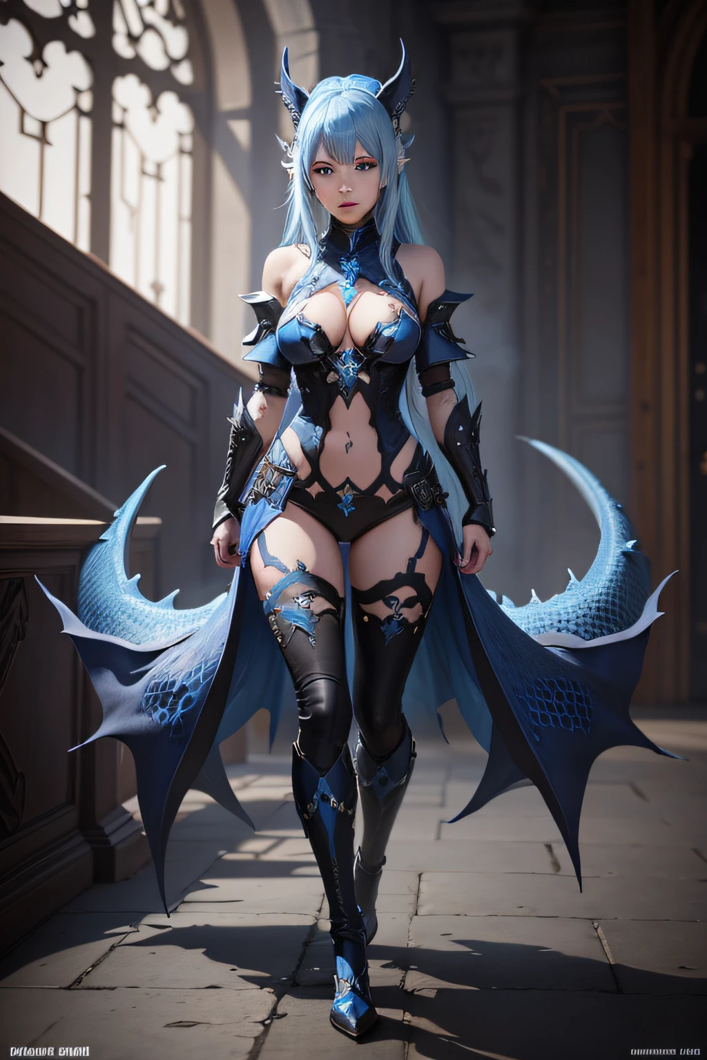 blue hair beautiful blue dragon girl with sky blue eyes, blue scale armor, skin of scales, dragon scales on skin, Au'ra, ffxiv, black leggings, full body