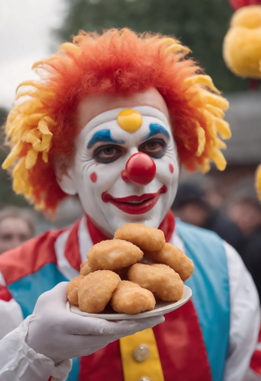 A close-up shot of Sleazy McDonalds Clown juggling chicken nuggets,original,Ronald McDonald
