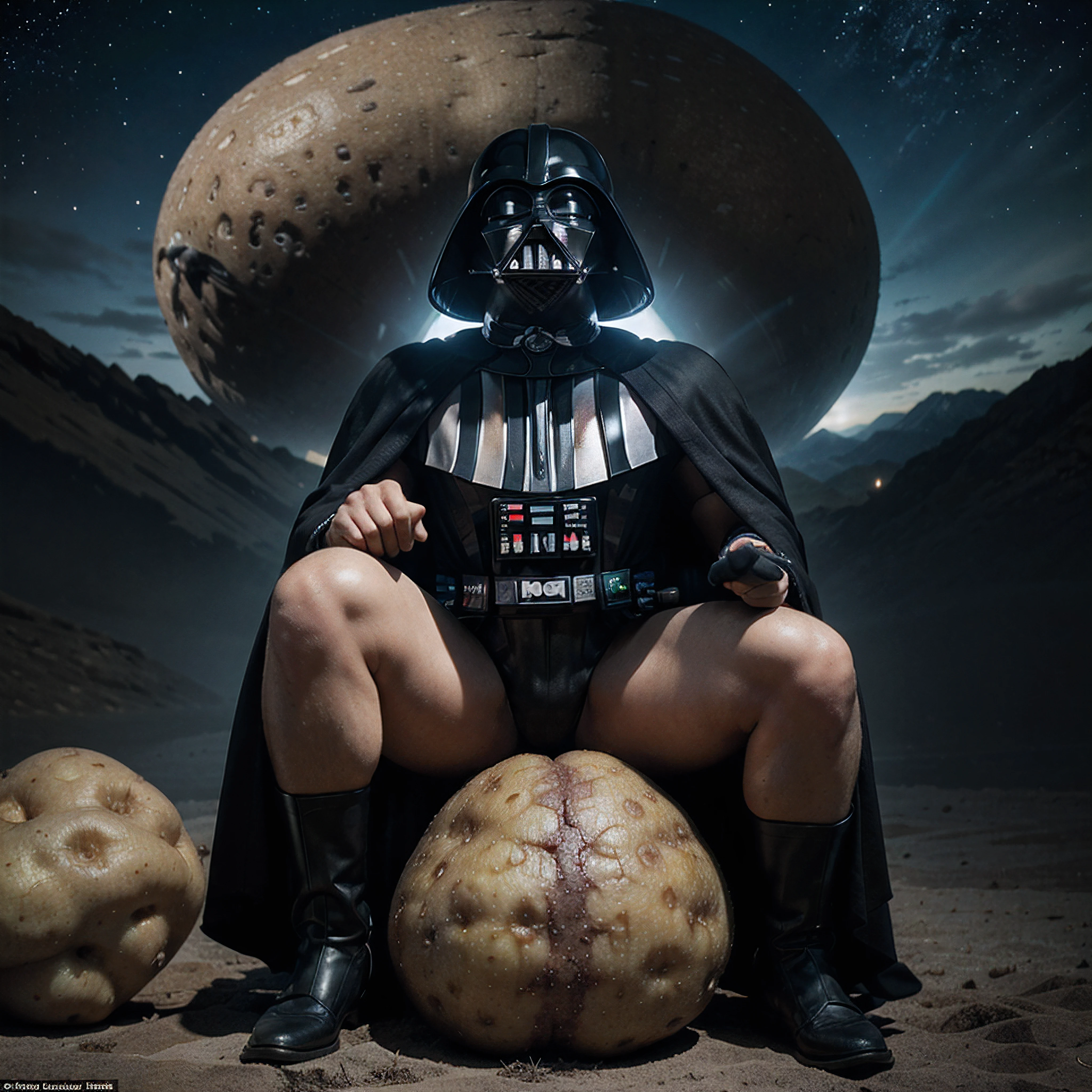 Darth Vader, the legendary Sith Lord from Star Wars, sitting comfortably on top of an enormous potato that is at least 10 times his size. Vader is in a relaxed pose, with one hand resting on his knee and the other supporting his weight on the potato behind him. The massive spud is light brown and lumpy, with sprouts growing out of it. Vader's cape drapes over the side of the potato. The potato is so large compared to Vader that it appears like a small planetoid that Vader has conquered and claimed for himself. Around them is a starry space backdrop. The image has highly detailed cinematic lighting and is in a realistic digital style.