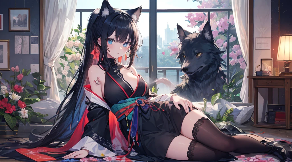 (extremely detailed CG unity 8k wallpaper), (((ultra-detailed))), ((extremely detailed)), (((best illustration))), best illumination, ((extremely delicate and beautiful)), ((an extremely strong and beautiful girl)), colorful, modern, tokyo city, (((colorful flowers))), ((1 girl, solo)), {{finely detailed beautiful eyes and detailed face}}, {{{{{smug}}}}}, smug, {{{long ponytail}}}, shiny hair, (((black hair with white shades))), {{{{blue eyes(glowing)}}}, beautiful detailed eyes, mature female, slender, medium breast, black wolf ears, (black wolf tail), (((intricate details))), (Black green turtleneck sexy kimono dress), short black boots, ((wolf tattoo)), sitting, wolf spirit, bishoujo, 19_years_old