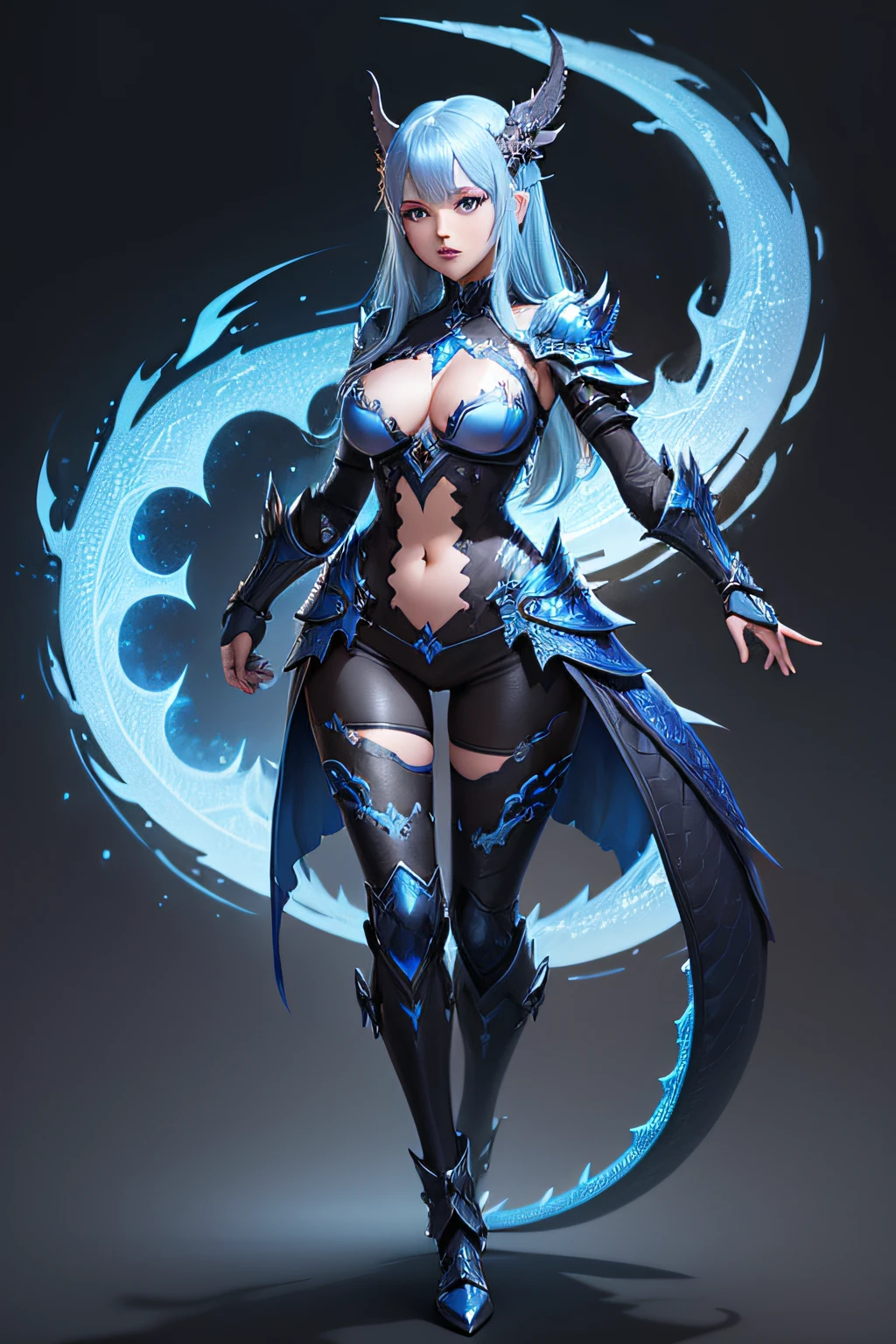 blue hair beautiful blue dragon girl with sky blue eyes, blue scale armor, skin of scales, dragon scales on skin, Au'ra, ffxiv, black leggings, full body