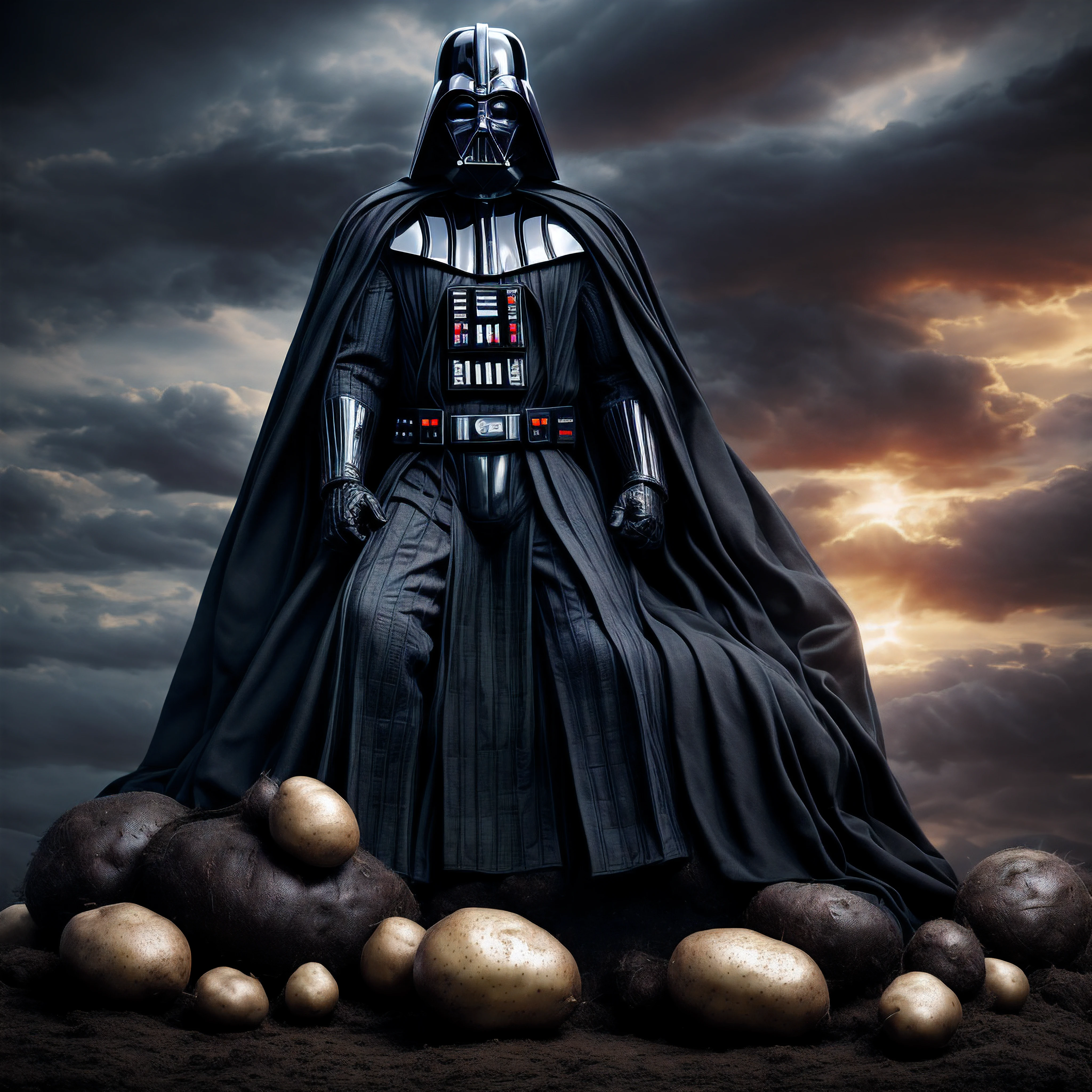 Darth Vader, the legendary Sith Lord from Star Wars, sitting comfortably on top of an enormous potato that is at least 10 times his size. Vader is in a relaxed pose, with one hand resting on his knee and the other supporting his weight on the potato behind him. The massive spud is light brown and lumpy, with sprouts growing out of it. Vader's cape drapes over the side of the potato. The potato is so large compared to Vader that it appears like a small planetoid that Vader has conquered and claimed for himself. Around them is a starry space backdrop. The image has highly detailed cinematic lighting and is in a realistic digital style.