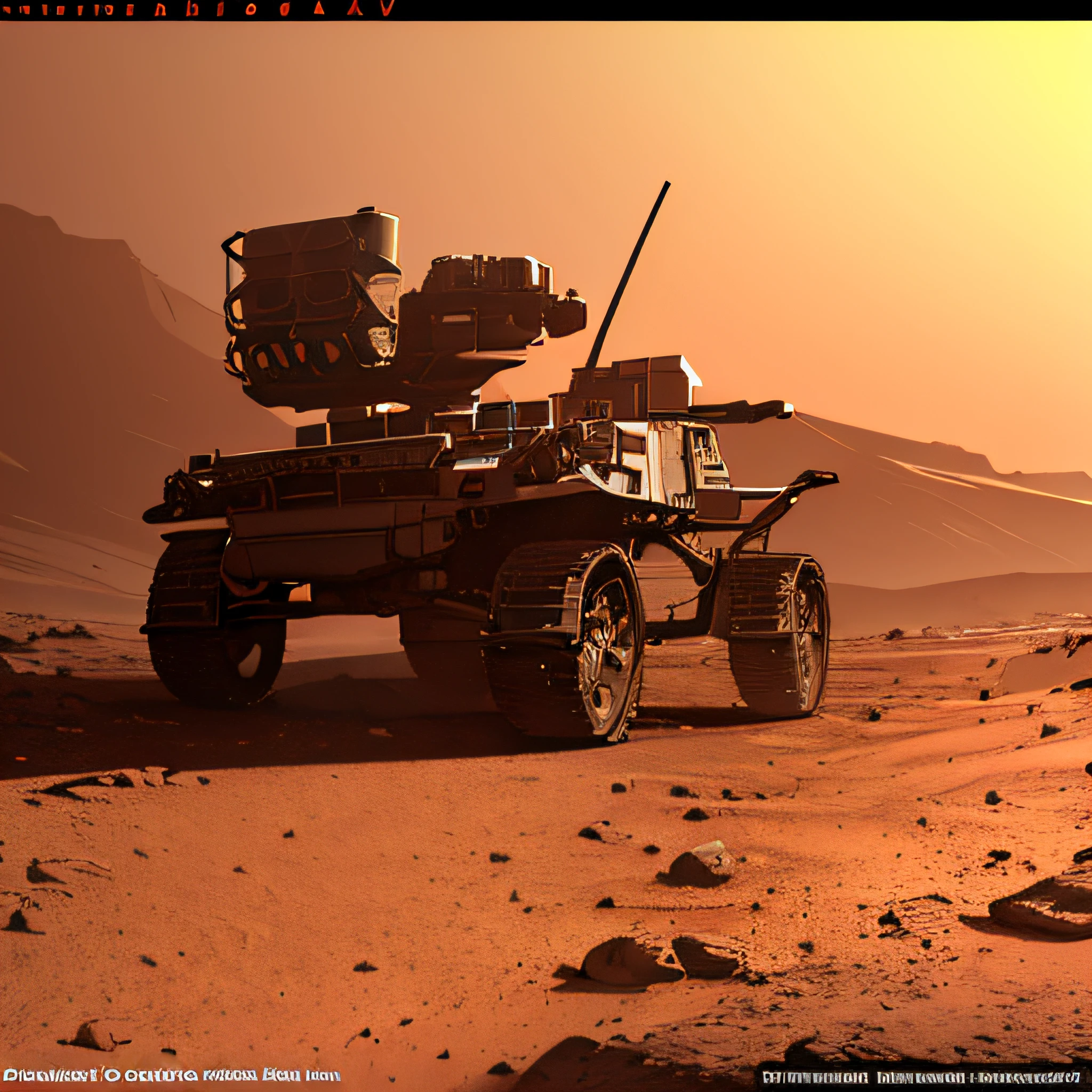 curiosity rover on surface of mars. octane render, highly detailed, volumetric, dramatic lighting, desolate, intricately detailed, artistic lighting, particles, beautiful, amazing, highly detailed, digital art, sharp focus, trending on art station, orange sky, antennae, bio sensor, sonar depth finder, dish,