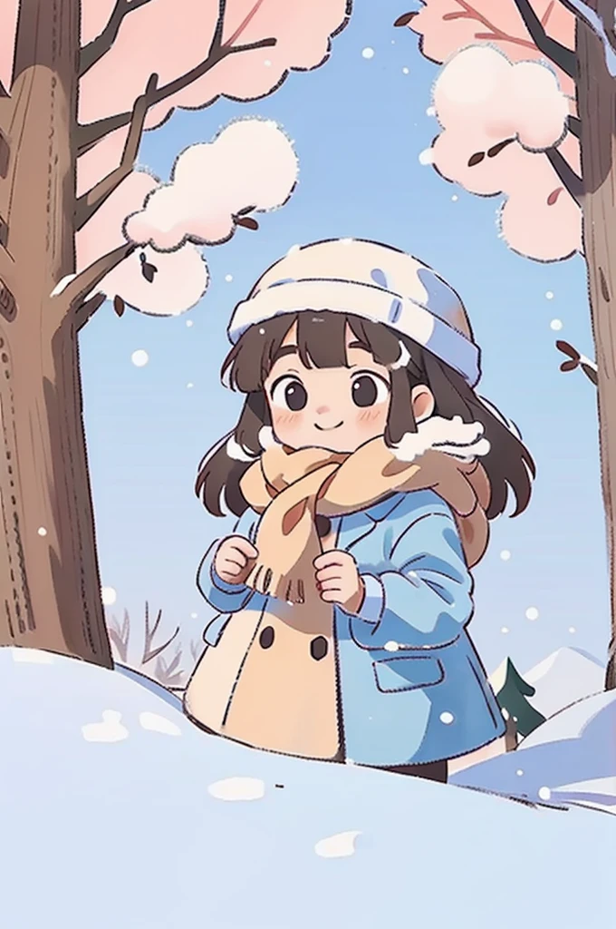 Cute girl, long hair, round face, big eyes, down jacket, smile, scarf, winter, park, white snow, tree, snow, panorama, front