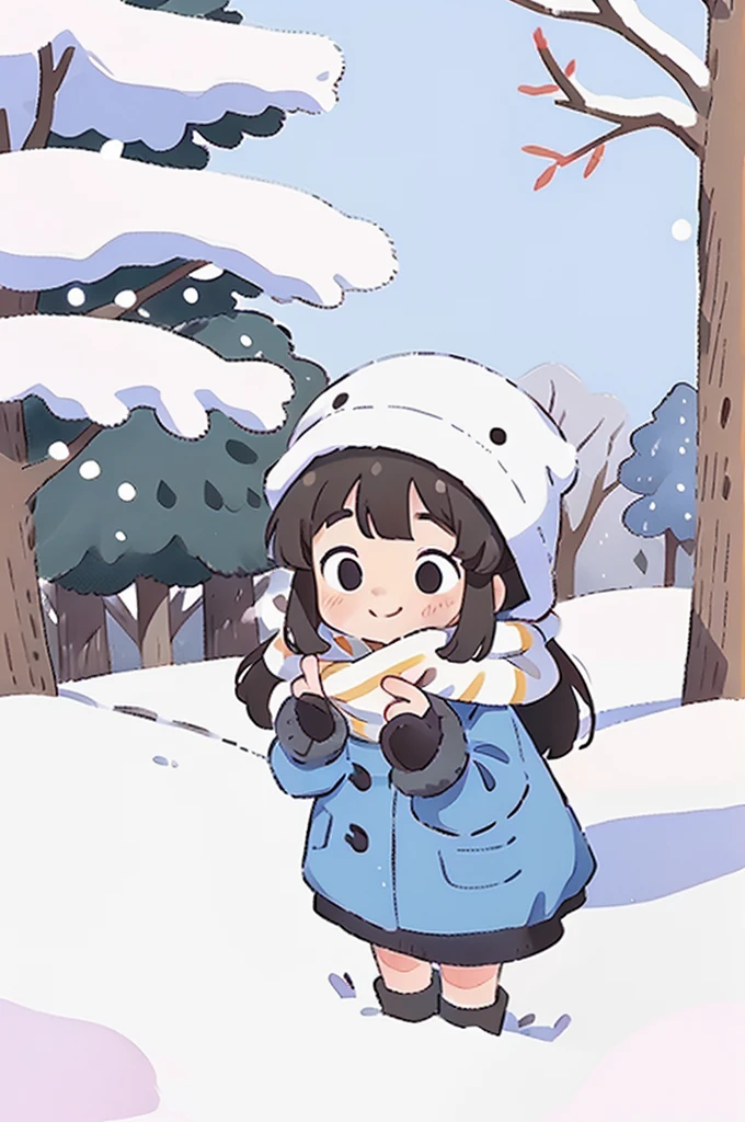 Cute girl, long hair, round face, big eyes, down jacket, smile, scarf, winter, park, white snow, tree, snow, panorama, front