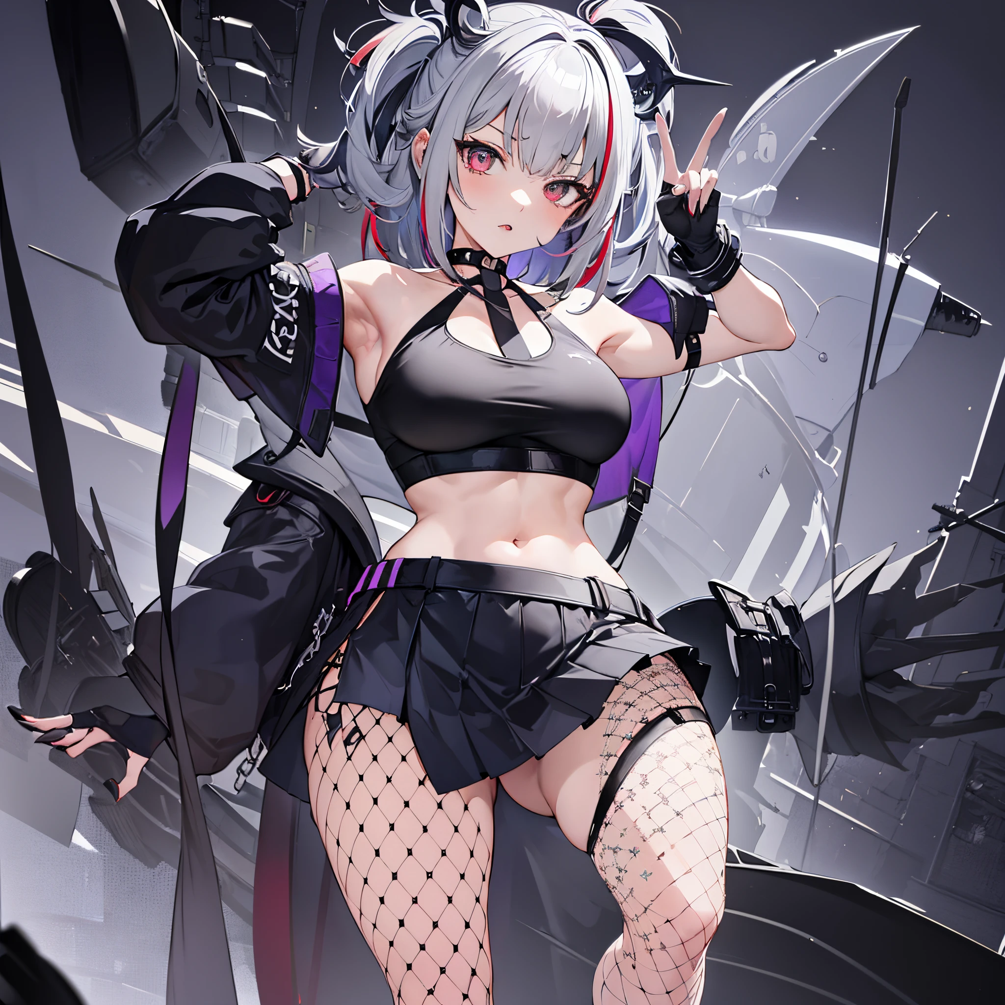 1 girl, solo, Mika_Melatika, Nijisanji, mature woman, black crop_top, silver grey hair with coloured tips, red eyes, mini skirt, black leg fishnets, black legwear, short hand gloves, purple lips, modern_gothic outfit, medium breasts, hand_to_mouth, blue choker, sea of stars, night sky in background, (perfect_anatomy)