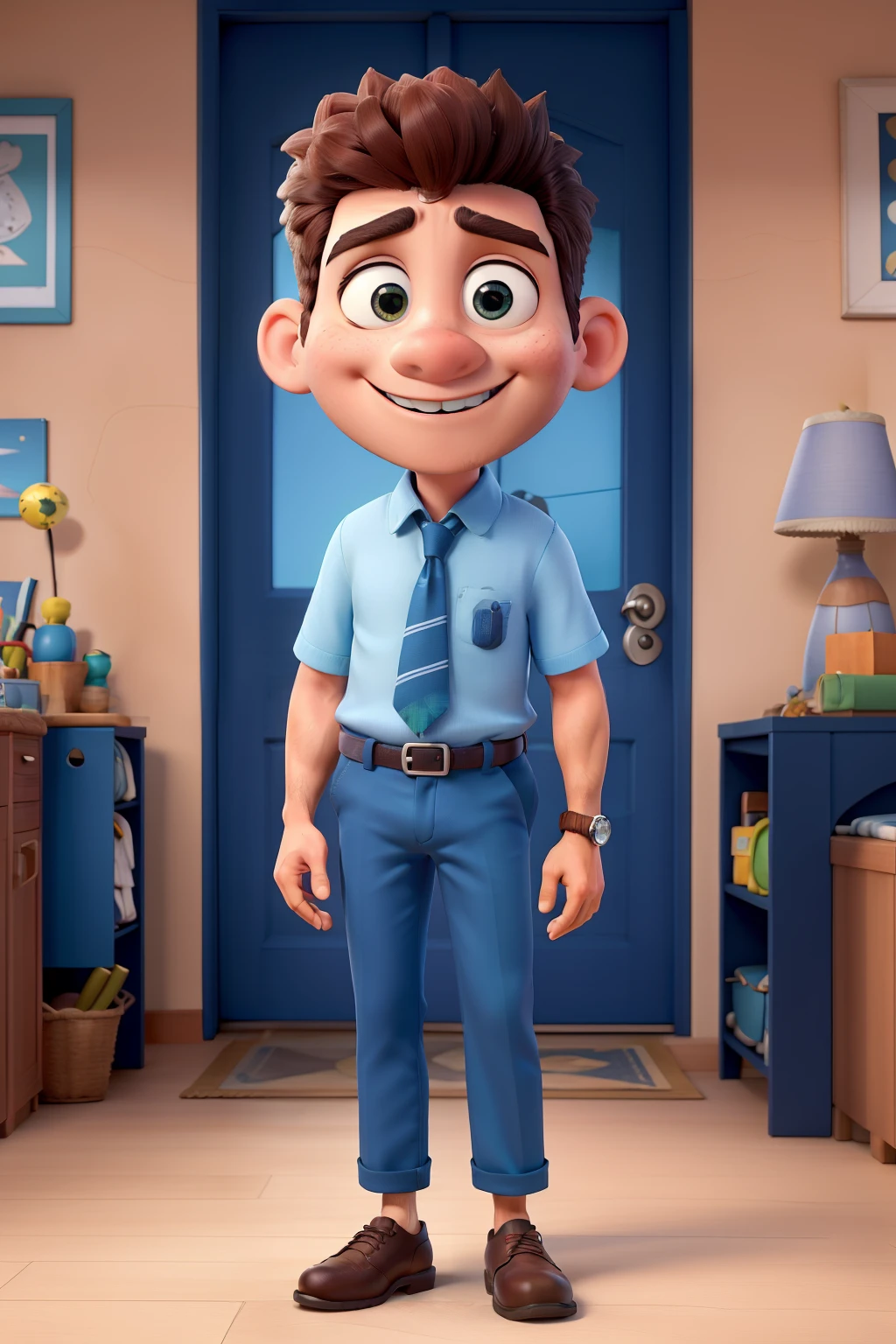 rapaz moreno, olhos grandes, cabelos curtos e cacheados, estatura mediana, vestindo uma blusa de terno masculino com uma mancha escura abaixo do olho, blue pants and deep shoes. Imagino esse personagem em um ambiente elegante e profissional, maybe in a law firm with a Disney Pixar twist, cheio de cores vibrantes e detalhes encantadores.