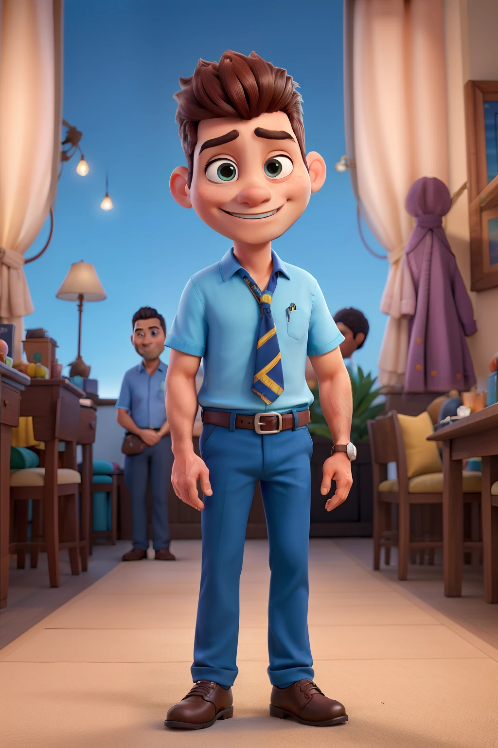 rapaz moreno, olhos grandes, cabelos curtos e cacheados, estatura mediana, vestindo uma blusa de terno masculino com uma mancha escura abaixo do olho, blue pants and deep shoes. Imagino esse personagem em um ambiente elegante e profissional, maybe in a law firm with a Disney Pixar twist, cheio de cores vibrantes e detalhes encantadores.