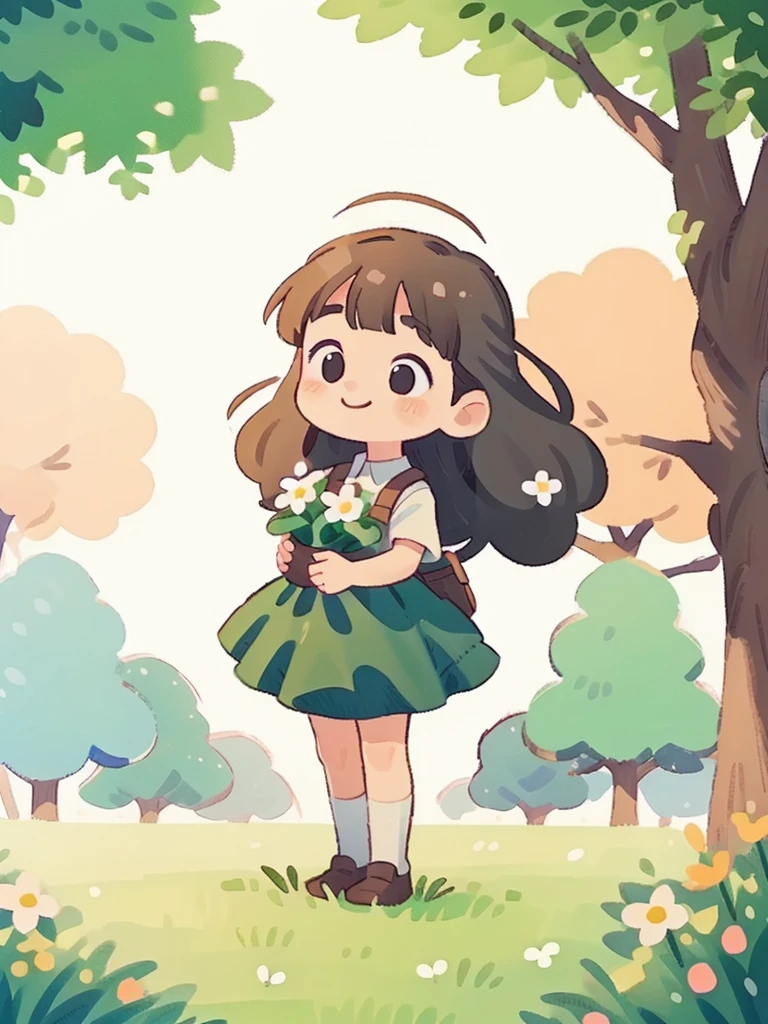 A cute girl, long hair, round face, big eyes, smile, skirt, park, spring, trees, grass, flowers, panorama, front
