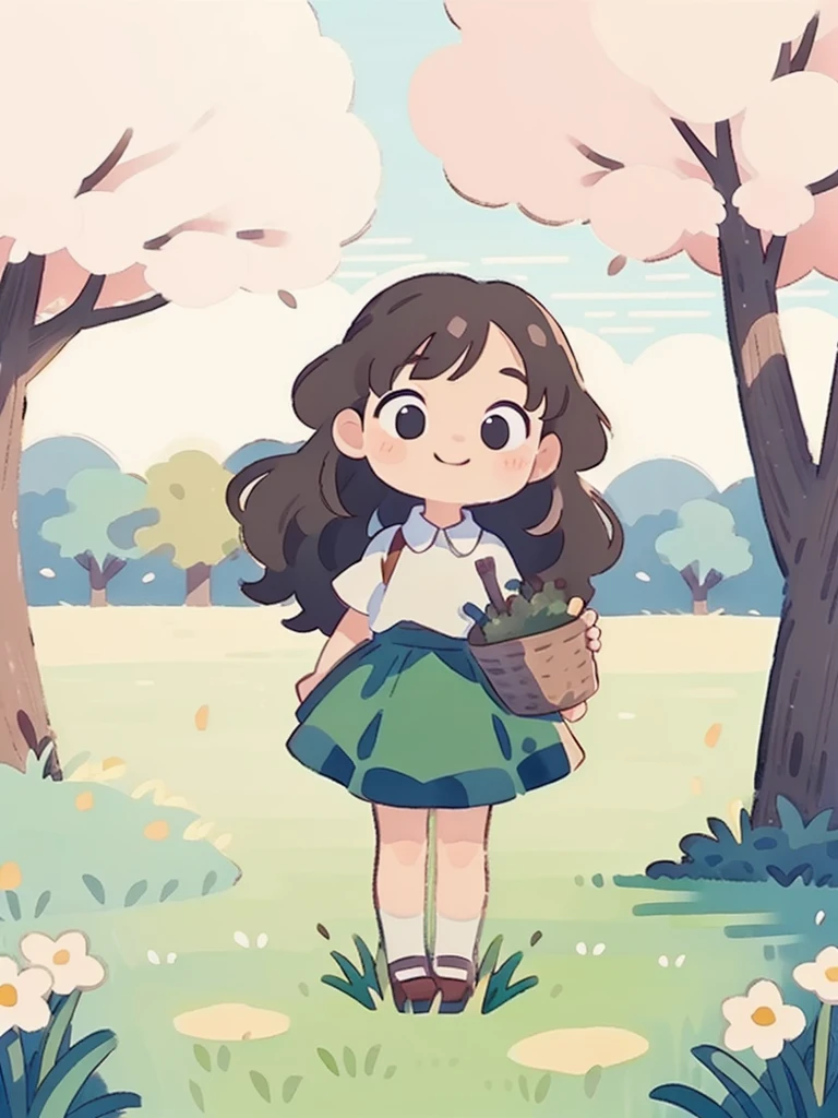 A cute girl, long hair, round face, big eyes, smile, skirt, park, spring, trees, grass, flowers, panorama, front