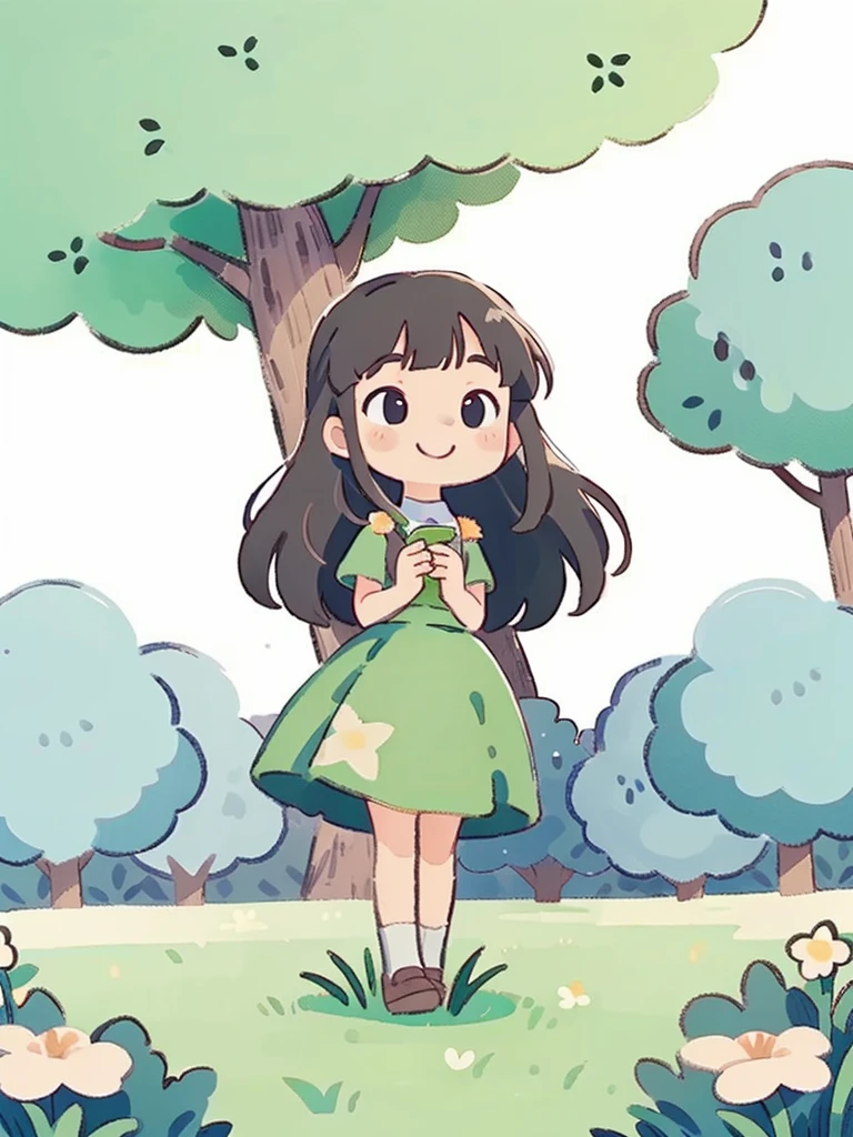 A cute girl, long hair, round face, big eyes, smile, skirt, park, spring, trees, grass, flowers, panorama, front