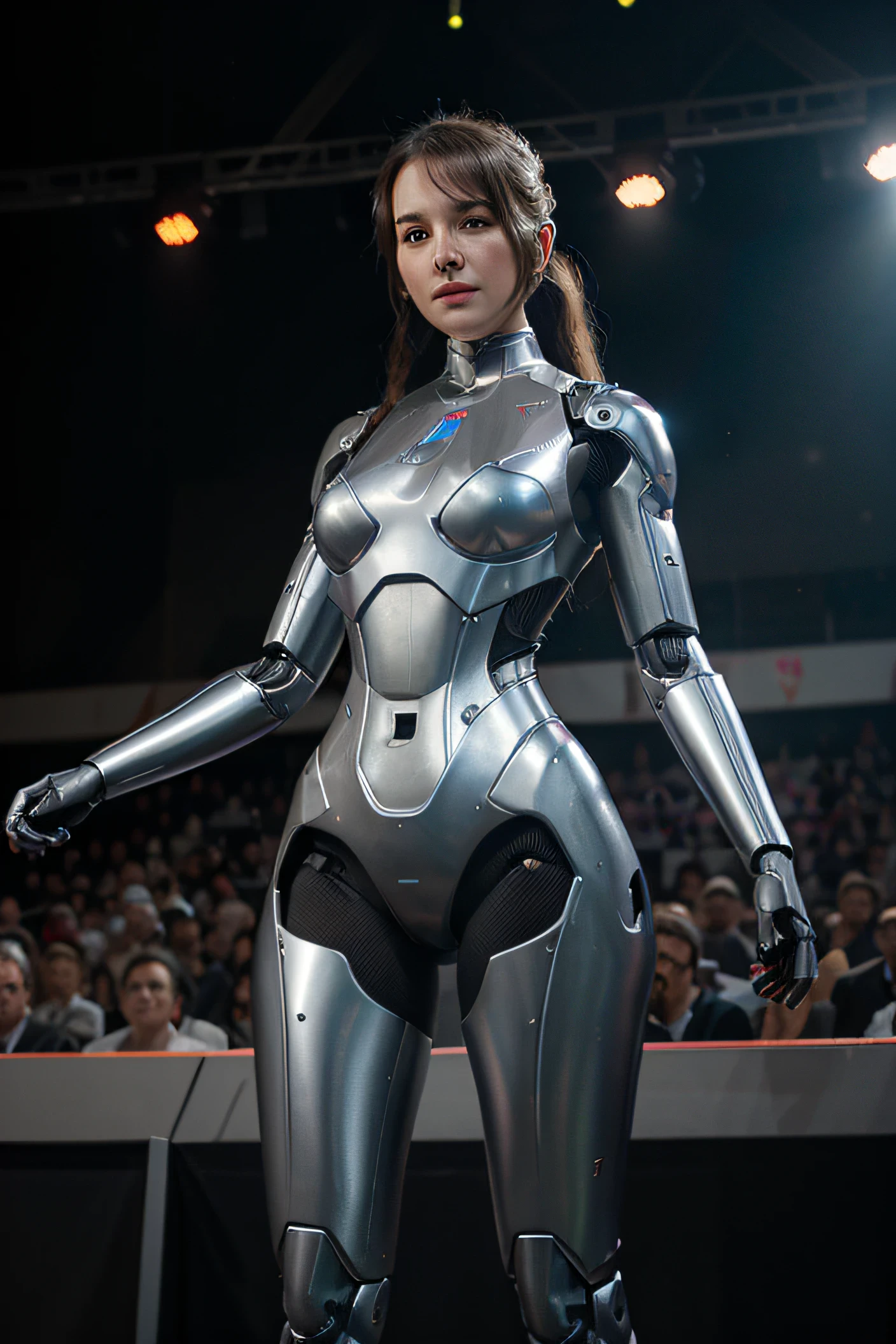 A photorealistic, non-sexualized female robot with a body similar to the Tesla Bot. The robot is standing on a stage, addressing a crowd. The robot is wearing a professional outfit, such as a suit or a dress. The robot has a friendly and approachable expression.