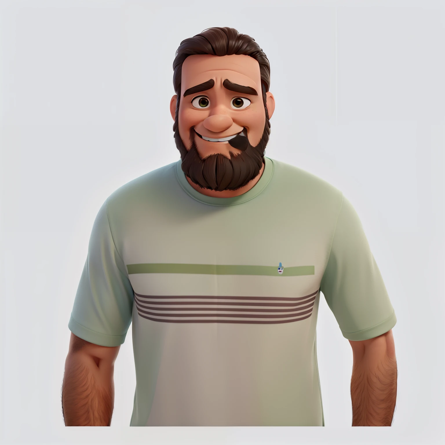 Estilo pixar disney desenho animado, Homem magro, cabelos e barba cor preto, sorrindo dentes afastados, usando camiseta na cor verde.