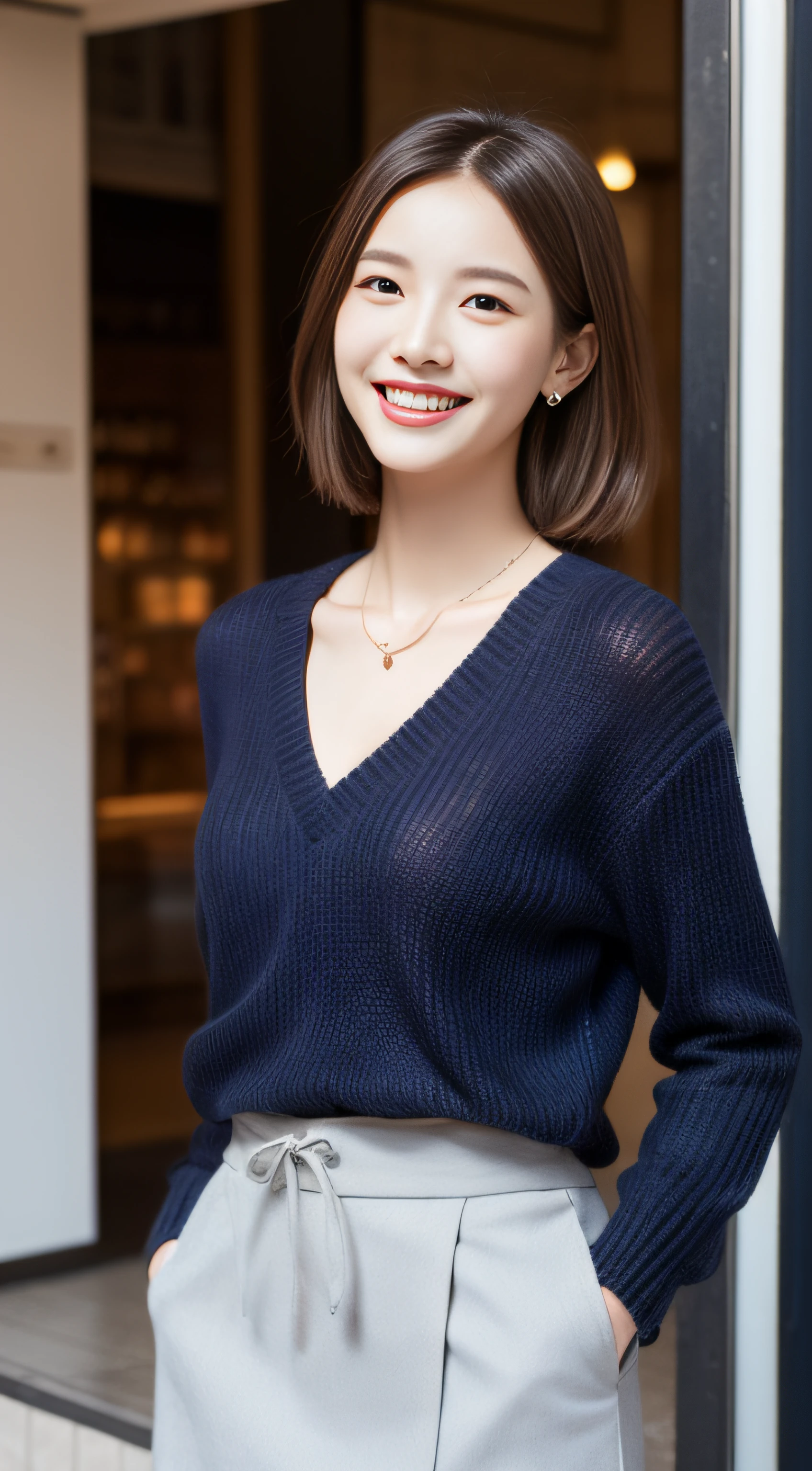 The face is a hostess、skirt by the、Sweaters、hiquality、A hyper-realistic、healthy、Smiling expression、Slender perfect figure、Japan beauties、beautidful eyes、face perfect、Beautiful skin、Shopping district、a necklace、piercings