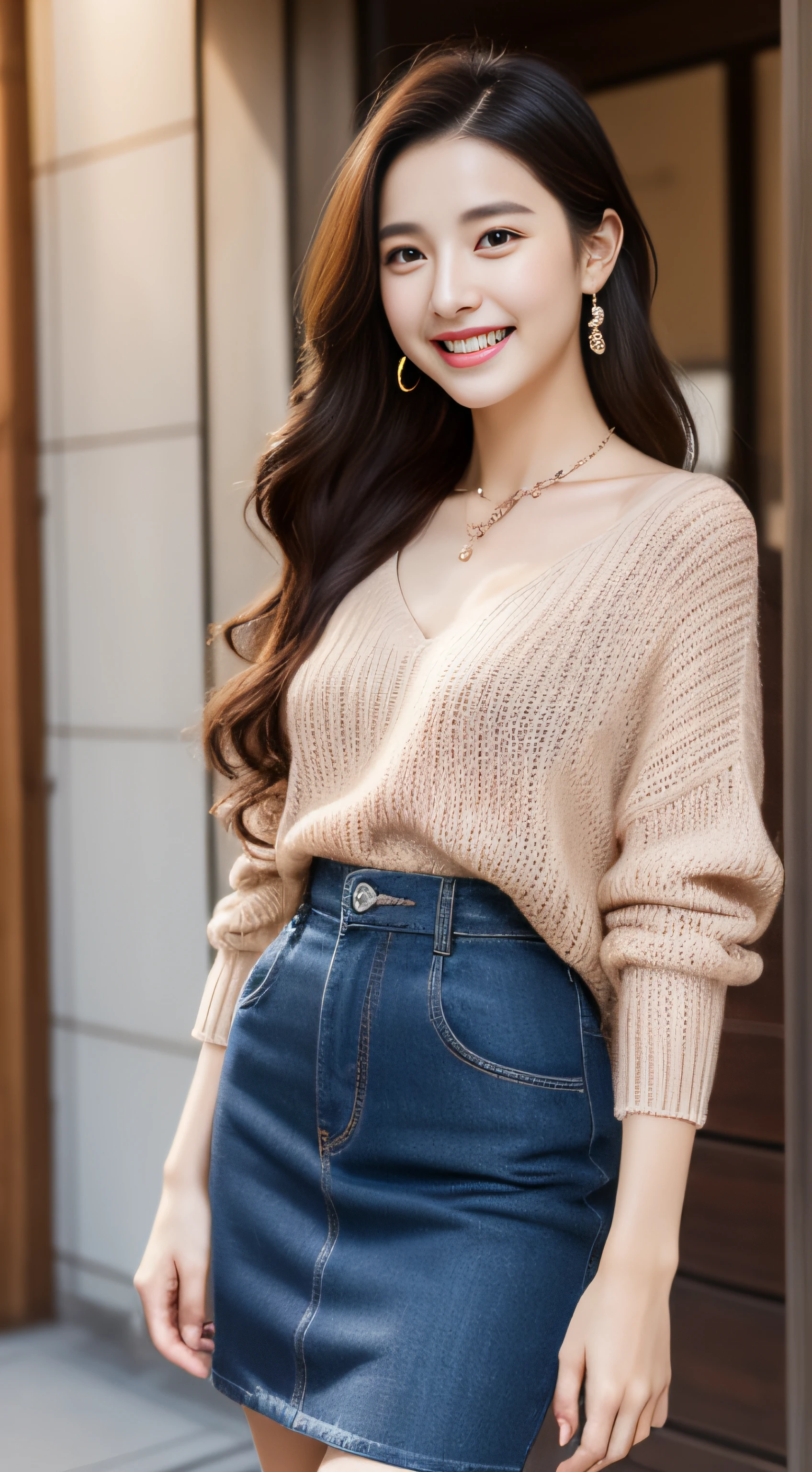 The face is a hostess、skirt by the、Sweaters、hiquality、A hyper-realistic、healthy、Smiling expression、Slender perfect figure、Japan beauties、beautidful eyes、face perfect、Beautiful skin、Shopping district、a necklace、piercings