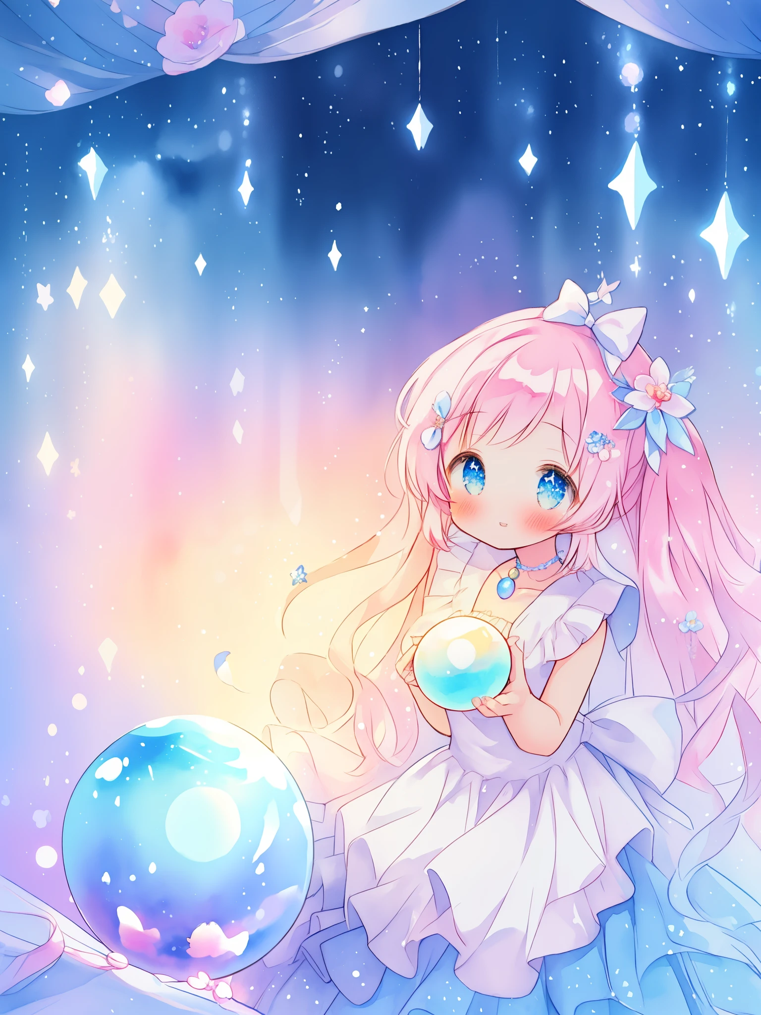 beautiful girl in sparkling white dress holding a magical sphere, ((sparkling puffy layered ballgown)), (magical, whimsical), (glowing magical orb), long flowing colorful hair, colorful fantasia background, watercolor illustration, disney art style, glowing aura around her, glowing lights, beautiful digital illustration, fantasia otherworldly landscape plants flowers, beautiful, masterpiece, best quality, anime disney style, (cute), (playful), (whimsical), (happy), magical