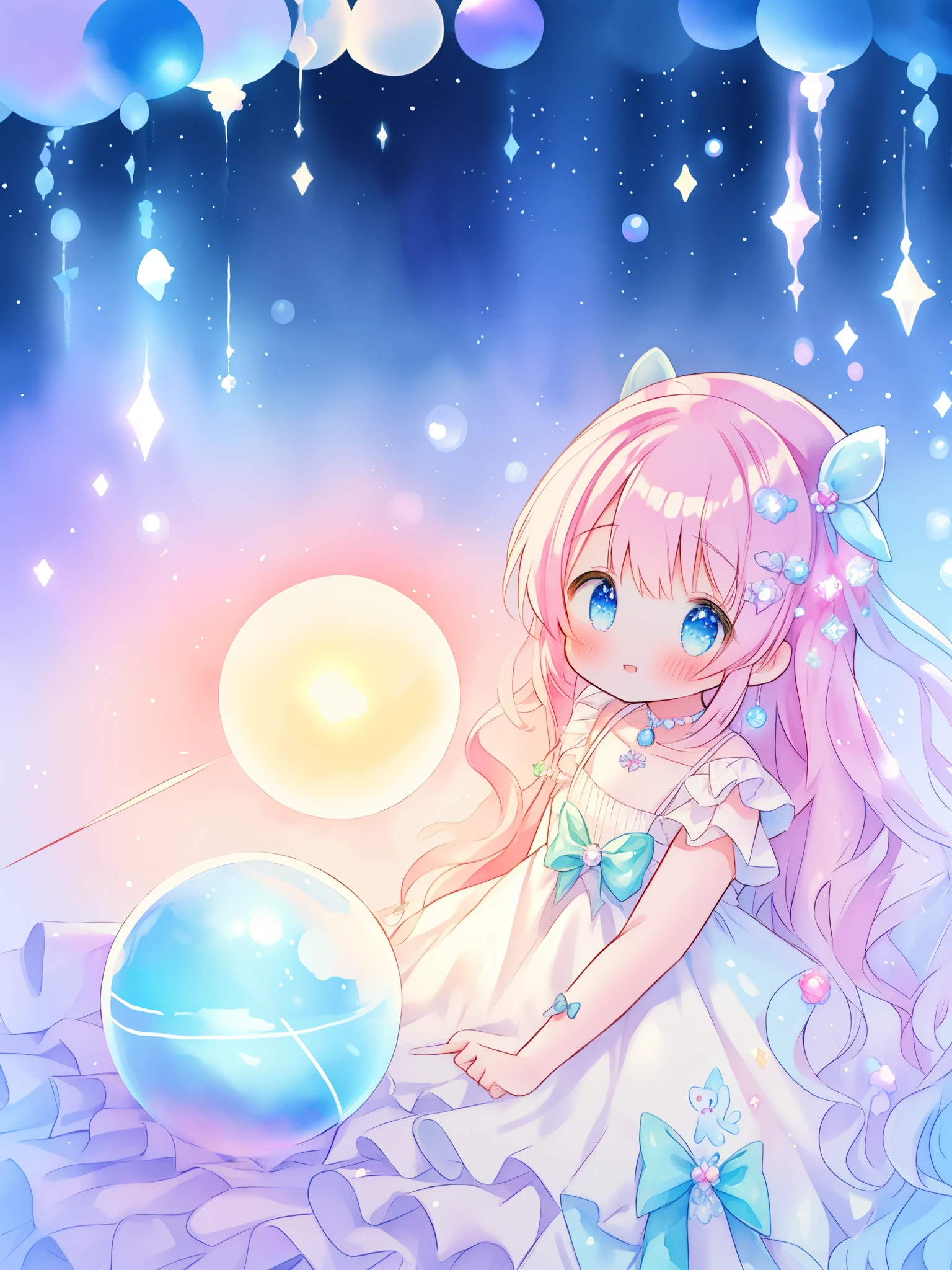 beautiful girl in sparkling white dress holding a magical sphere, ((sparkling puffy layered ballgown)), (magical, whimsical), (glowing magical orb), long flowing colorful hair, colorful fantasia background, watercolor illustration, disney art style, glowing aura around her, glowing lights, beautiful digital illustration, fantasia otherworldly landscape plants flowers, beautiful, masterpiece, best quality, anime disney style, (cute), (playful), (whimsical), (happy), magical