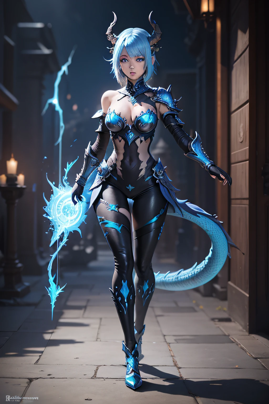 blue hair beautiful blue dragon girl with sky blue eyes, blue scale armor, skin of scales, dragon scales on skin, Au'ra, ffxiv, black leggings, full body, lightning